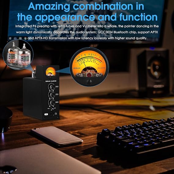 Douk Audio P6 HiFi Bluetooth Tube Preamplifier Stereo Audio Amplifier Headphone Amplifier Tube Preamp with VU Meter