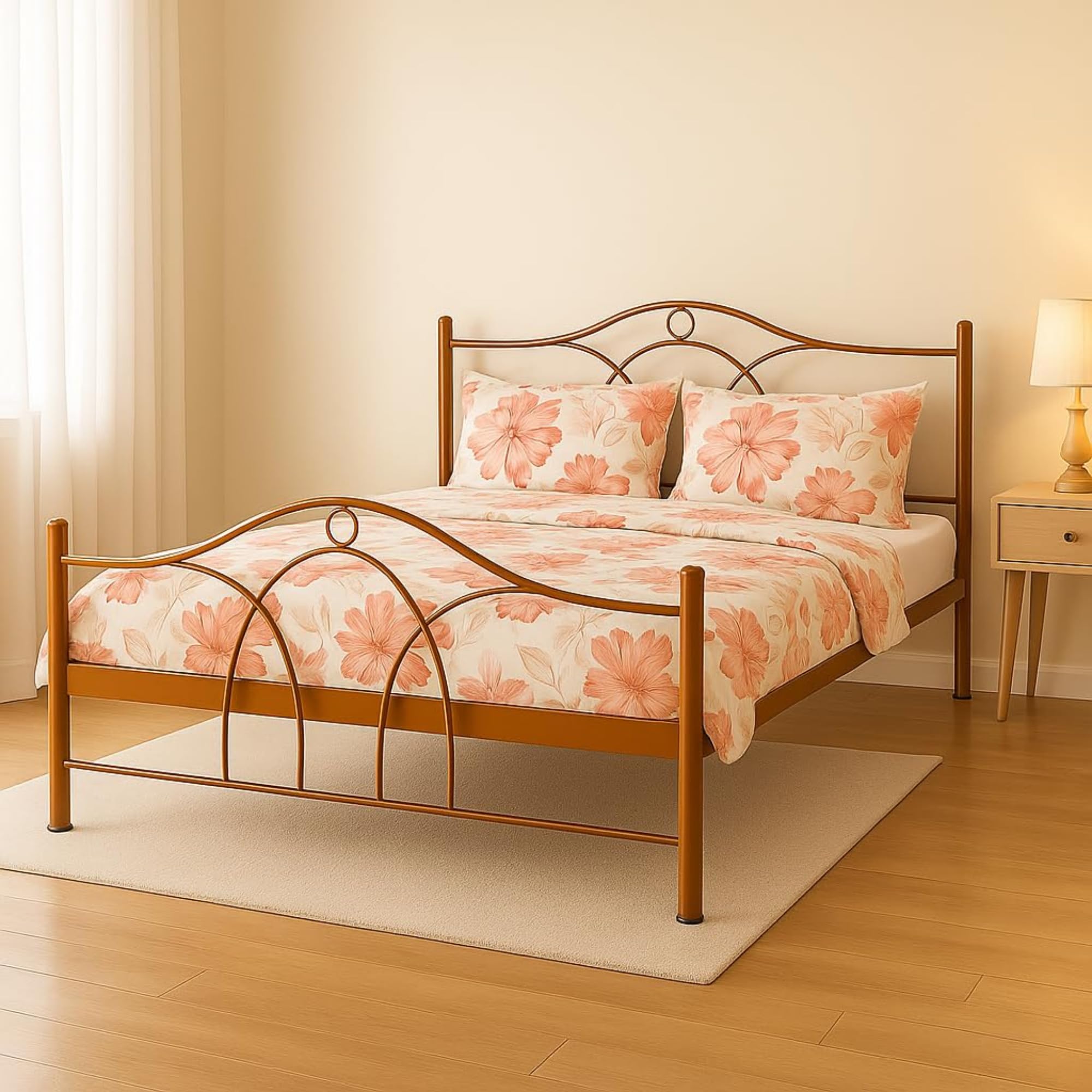 Royal Interiors Alto Metal Queen Size Bed Without Storage | Wrought Iron Double Bed with Headboard & Footboard | Sturdy Powder Coated Platform Bed Queen Size Cot for Bedroom Living Room Brown (75x60)