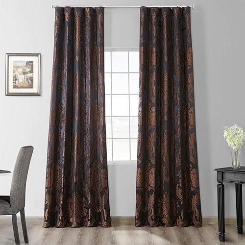 Miniatura 1 de Half Price Drapes JQCH-201302-84 Magdelena Cortina Jacquard de seda sintética, color negro y coñac, 127 cm x 213 cm