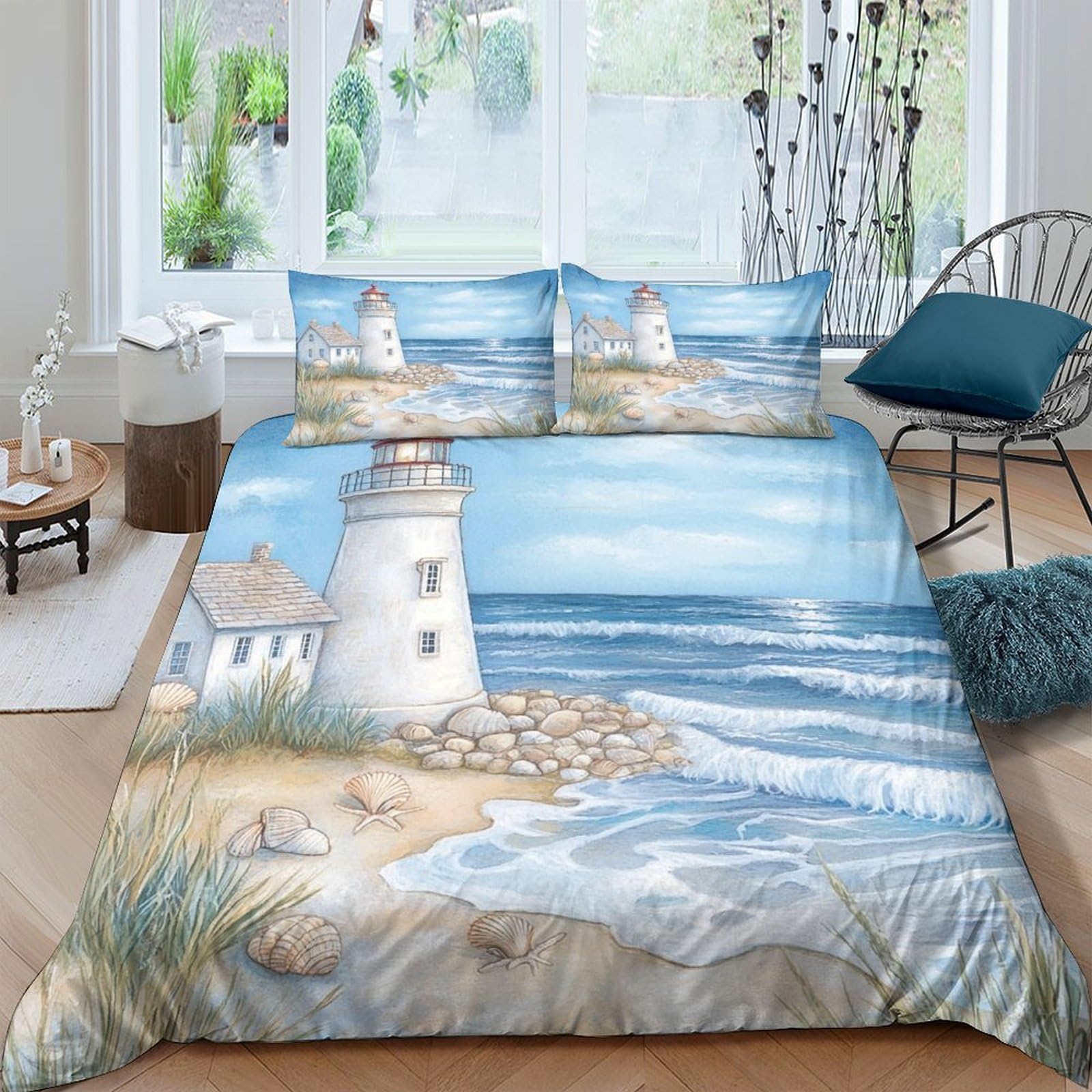 Ctjqhvkz Style-3 3D Printed Lighthouse Beach Fitted Sheet Microfiber Soft Breathable Seaside Ocean Mattress Cover For Bedroom Decor Single（135X200cm）