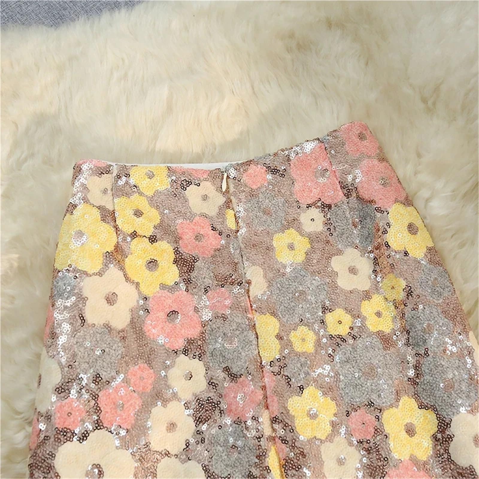 Falda Midi con Lentejuelas y Flores, Cintura Alta, Bordada, Floral, Corte A, Ropa de Verano for Mujer