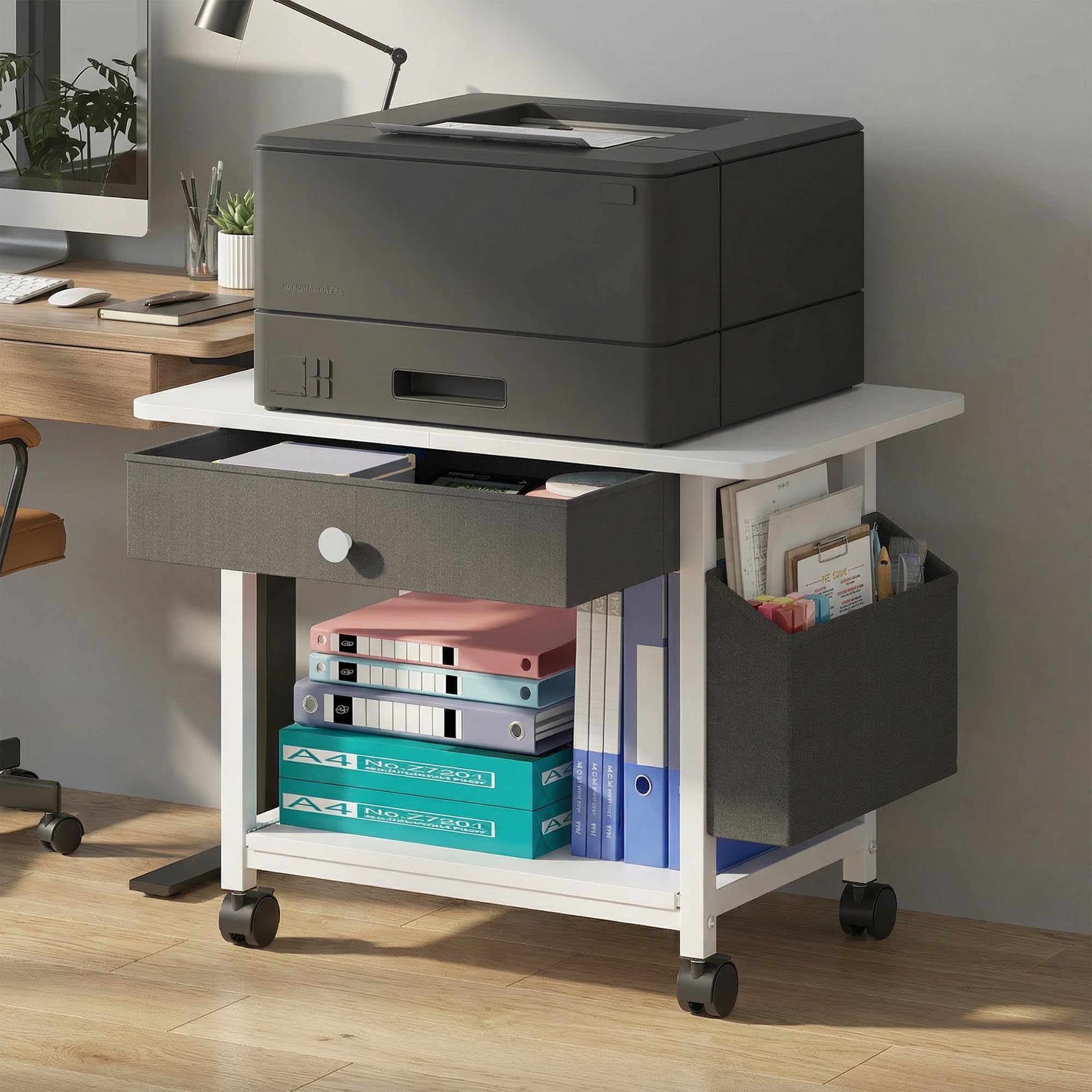 2 Tier Printer Stand with Storage Drawer,Slide-out Shelf & Side Pockets,2in1 Under Desk Printer Shelf and Desktop Printer Stand,Rolling Printer Table on Wheels,for Fax Scanner,Scanner,Home Office