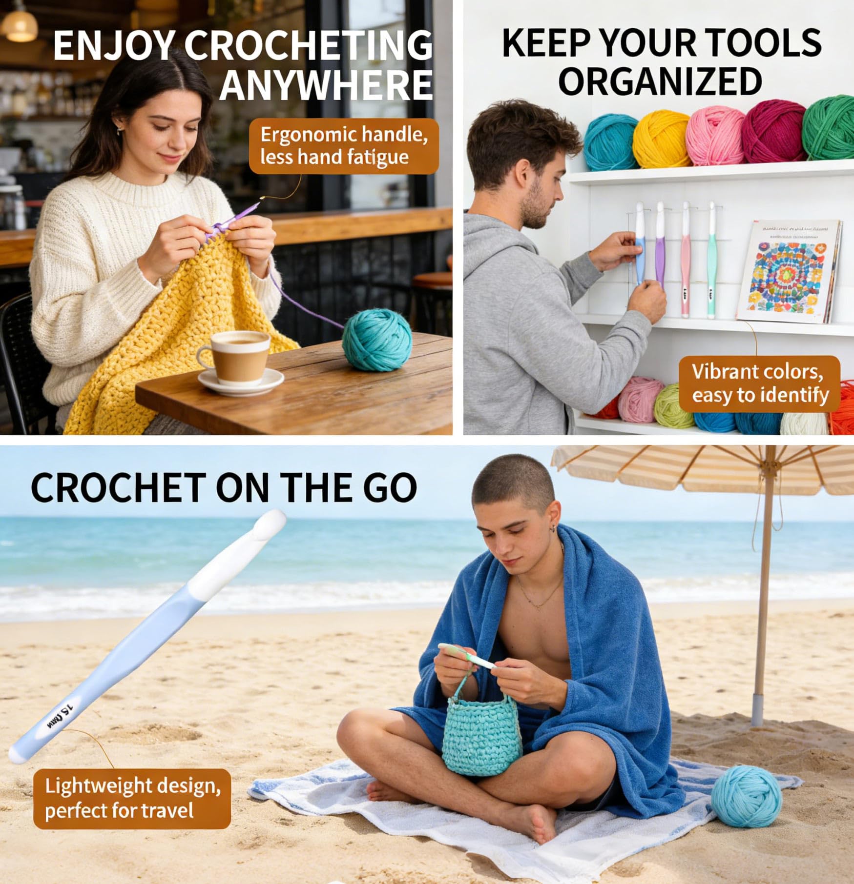4 Sizes Large Crochet Hooks Set 8mm 10mm 12mm 15mm, Long Ergonomic Rubber Handle Crochet Needles for Chunky Yarn — view 3