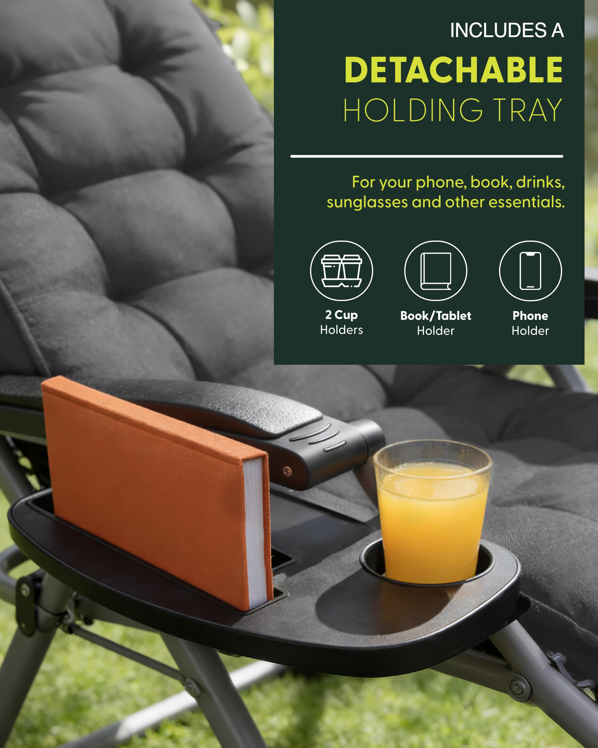KEPLIN Square Tube Gravity Chair with Cushion 1 Pack – Extra Wide 72cm Zero Gravity Reclining Garden Chair, Reinforced Frame Supports 150kg, Locking System, Cup Holder, Foldable Sun Lounger — view 8