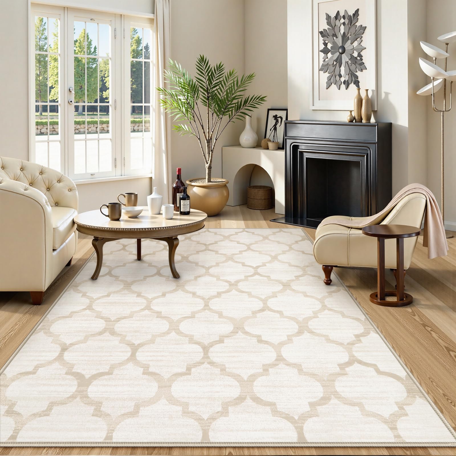 Lahome Moroccan 5x7 Area Rugs for Living Room Machine Washable Rug,Beige Rug for Bedroom Soft Low Pile Non-Slip, Large Carpet for Dinning Playroom