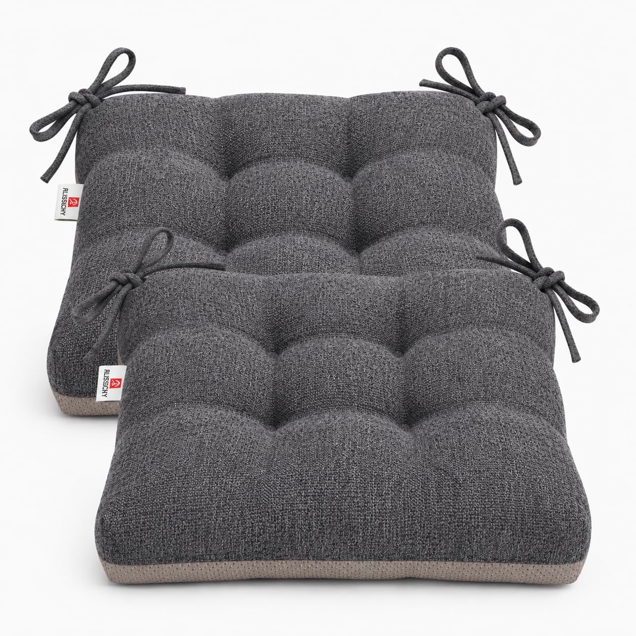 Set of 2 Non Slip Chair Cushion for Dining Chair, 40cmx39cmx8cm Tufted Kitchen Seat Pad with Ties - Comfortable and Soft (Black Grey) 2 black grey