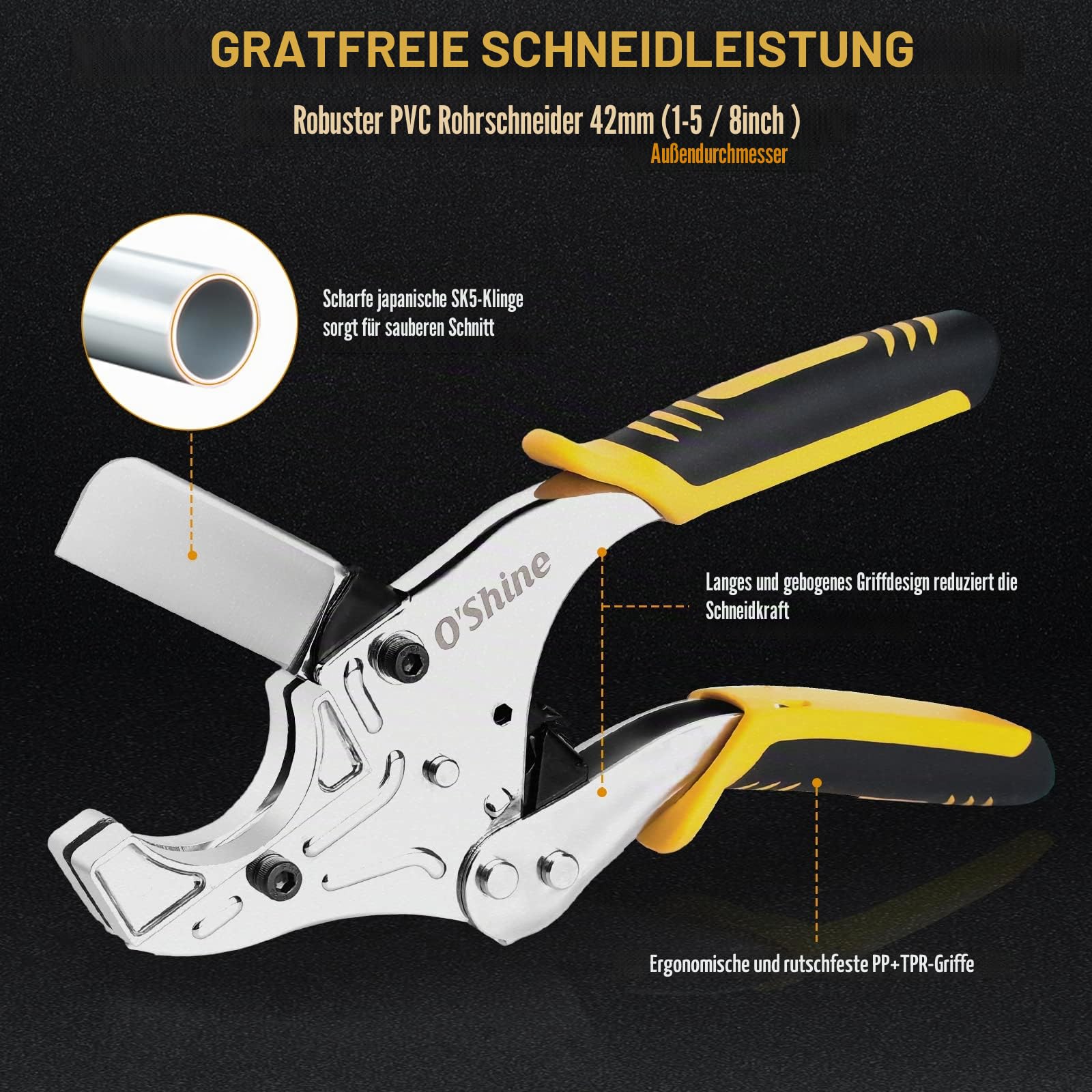 O’Shine PVC Rohrschneider bis 42 mm | Professionelle Ratschen-Rohrschere für PEX, PPR, Kunststoffrohre & Schläuche | Sanitär Werkzeug inkl. Ersatzklinge & Inbusschlüssel