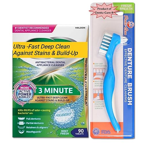 Limpiador de prótesis dentales de 3 minutos, 120 tabletas en paquete Triplemint con cepillo de dentadura Dentu-Care para mantener un buen cuidado