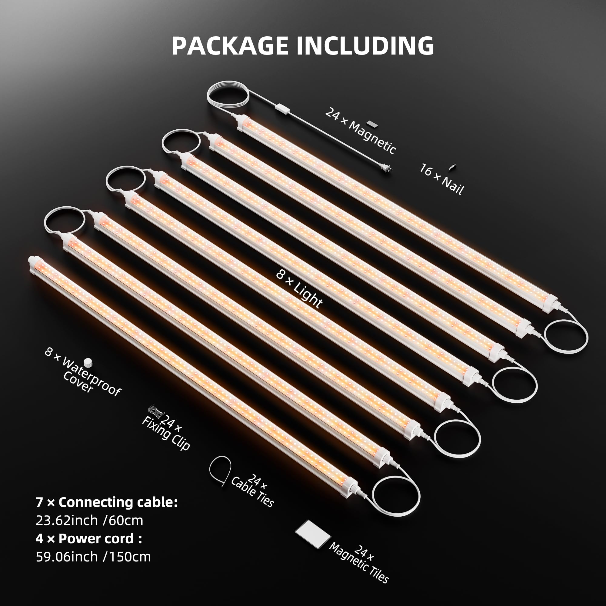 Spider Farmer Lot de 8 lampes LED pour plantes d'intérieur - Spectre complet (3000 K + 5000 K + 660 nm) - 3 niveaux d'intensité - 200 W (8 x 25 W) - 1296 LED - Étanchéité IP65 - Design chaînable pour