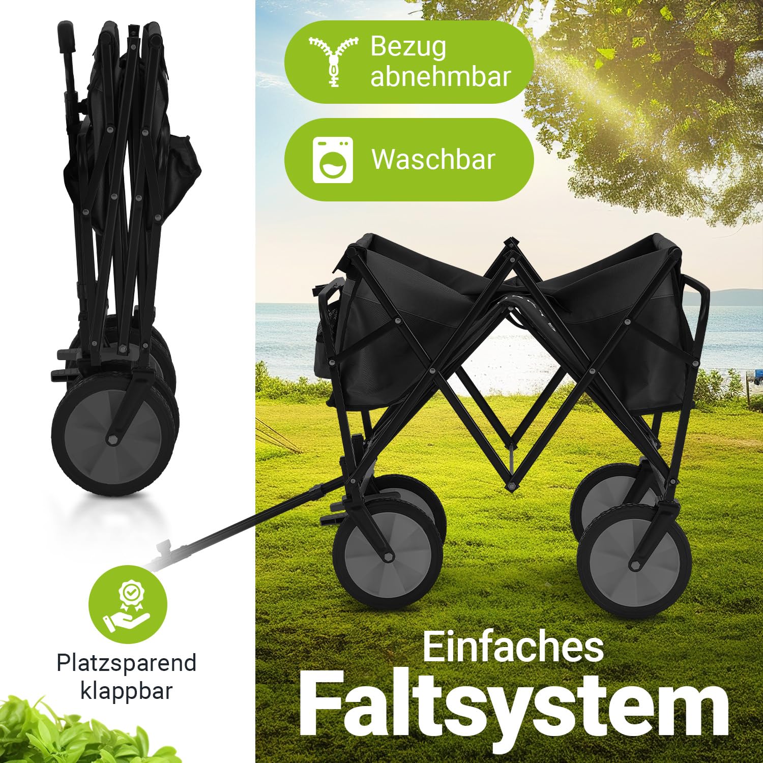 Juskys Bollerwagen 100 kg Tragkraft - Transportwagen faltbar - Einkaufen, Outdoor & Camping - Strandwagen Faltbollerwagen Handwagen Schwarz