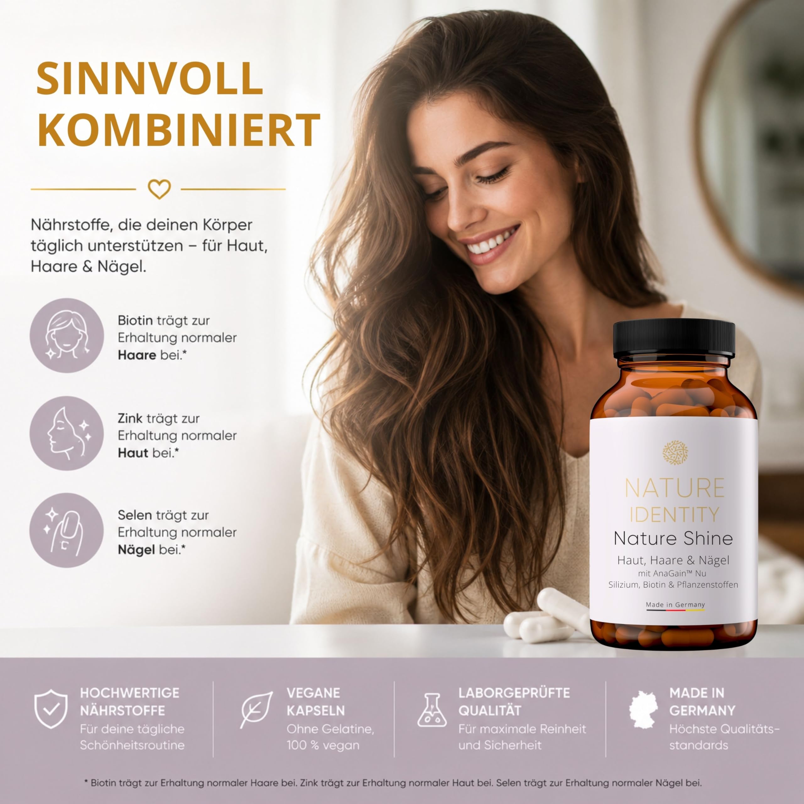 Nature Shine - Haar Vitamine mit 460mg Silizium, AnaGain™ Nu, Biotin, Zink, Selen für Haare, Haut, Nägel 120 Haar Kapseln für Frauen und Männer - Vegan