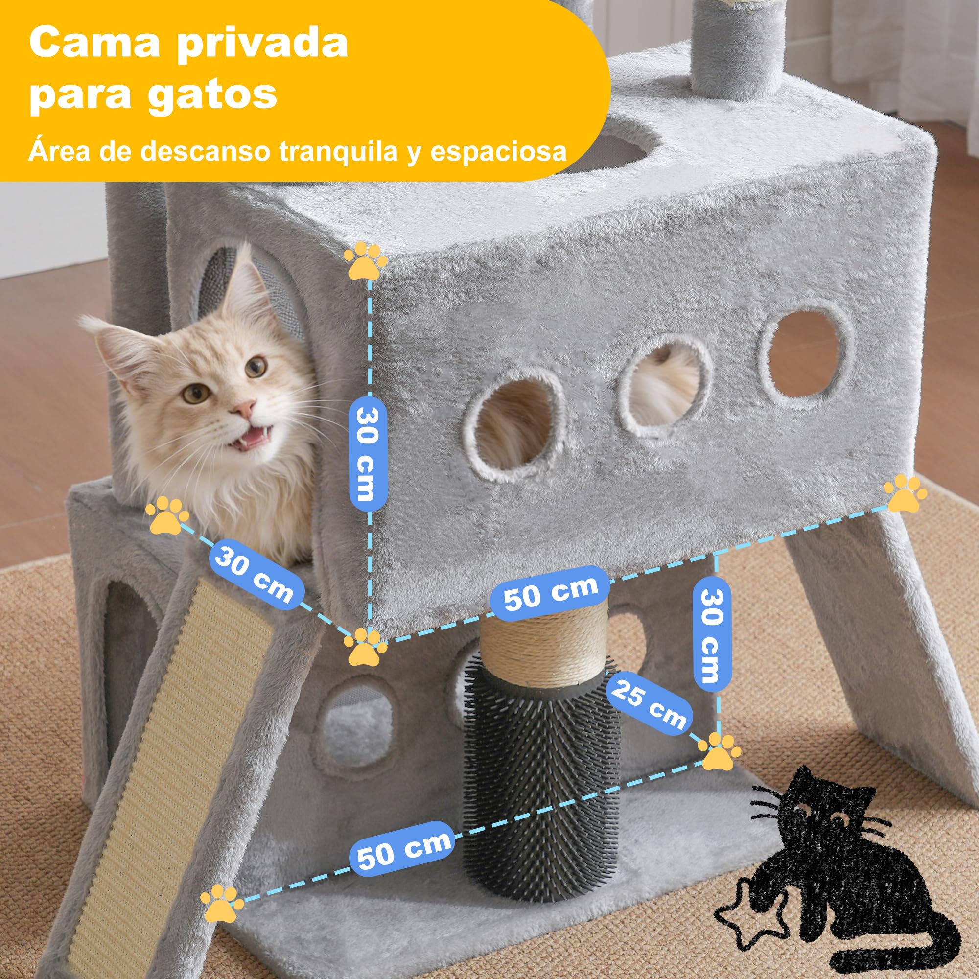 Hey-brother Rascador para Gatos, con 2 Cuevas, 2 Plataformas, MPJ085W | 181cm Árbol para Gatos, 2 Rampas Rascadoras, 2 Cestas, Cepillo Mascotas, Pelota Peluche, para Gatos Interior, Gris Claro