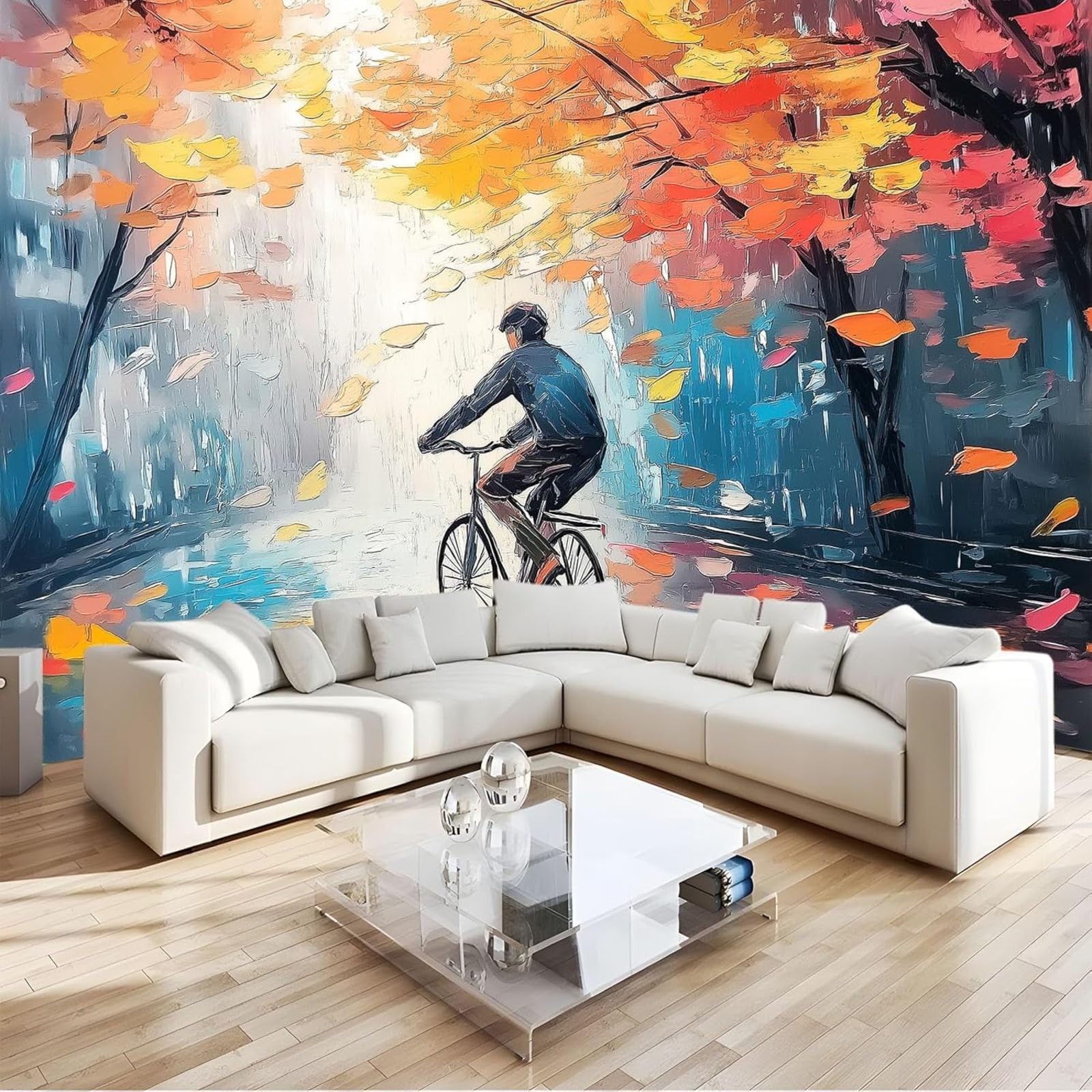Kfjhgbdshhj 3D Mural Photo Wallpaper Oil Painting Autumn Leaves Bicycle Non-Woven Wallpaper Wall Mural Modern Wall Bedroom Living Room Wall Wallpaper, Blue Orange, 300Cm X 210Cm