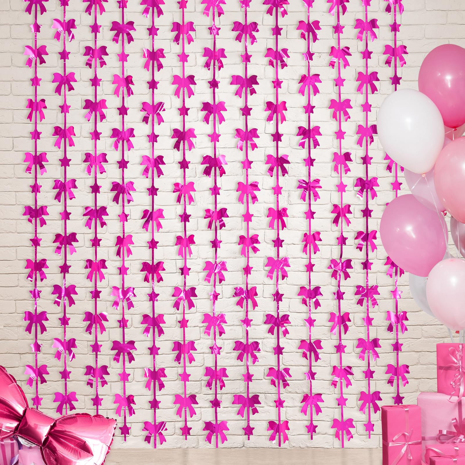 Menstarsi Bow Party Decorations, 2 Pack Hot Pink Birthday Party Supplies, 3.3 X 6.6 ft Foil Fringe Curtains, Pink Bow Photo Booth Props Photo Backdrop
