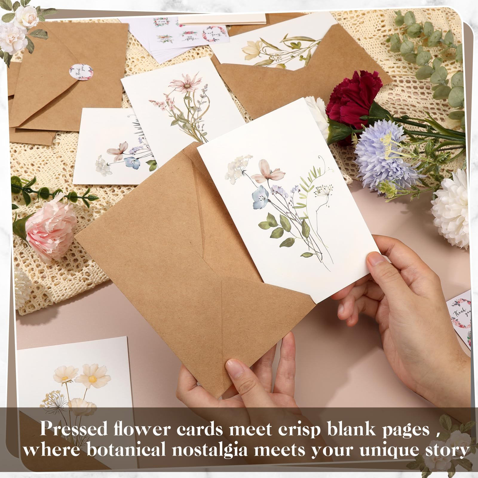 VZZNN Lot de 100 cartes de remerciement motif fleurs sauvages (10,2 x 15,2 cm), cartes de remerciement pour petite entreprise, carte de mariage avec enveloppe, livrées avec 108 autocollants ronds