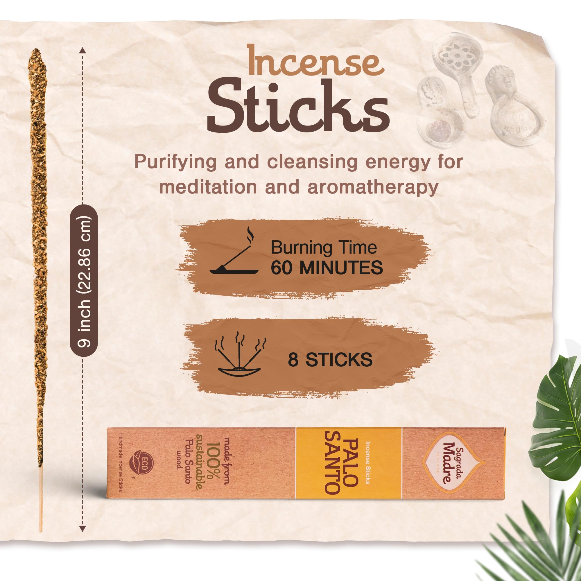 Sagrada Madre 8pcs Wildly Harvested Thick Palo Santo Incense Sticks (Plant Based), 9” Long - Eco Friendly, Non-Toxic, Aromatic Incense Sticks (1hr Burning Time) to Heal & Calm Your Body & Environment