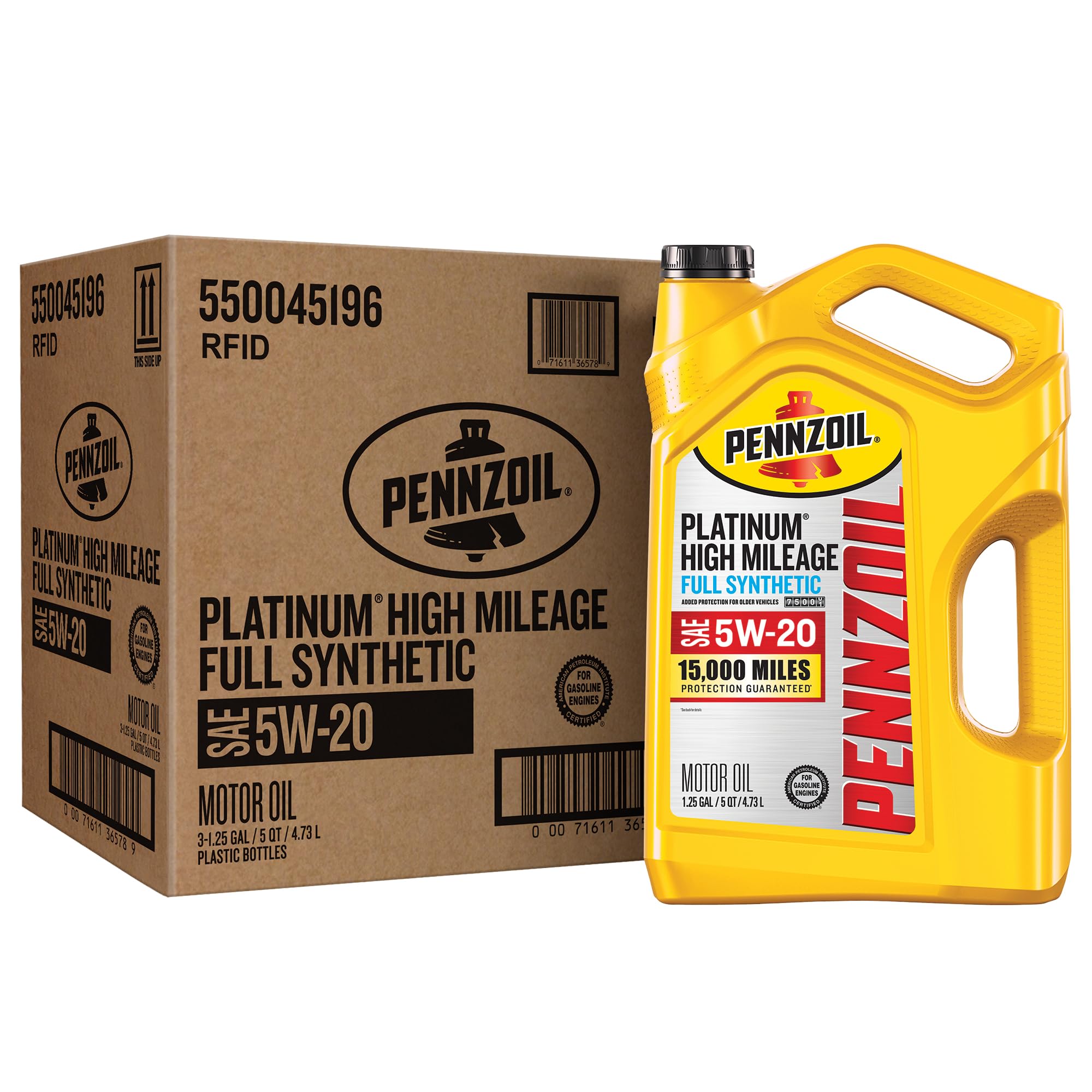 Pennzoil Platinum High Mileage Full Synthetic 5W-20 Motor Oil, 5 Quart (3 Pack)