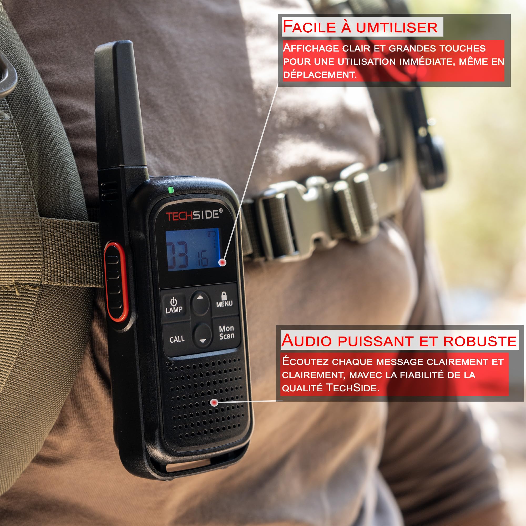 TechSide TS-T3 Go Talkie-Walkie PMR446, 16 Canaux, Portée 10 km, Recharge USB-C, avec Lampe LED, Lot de 2