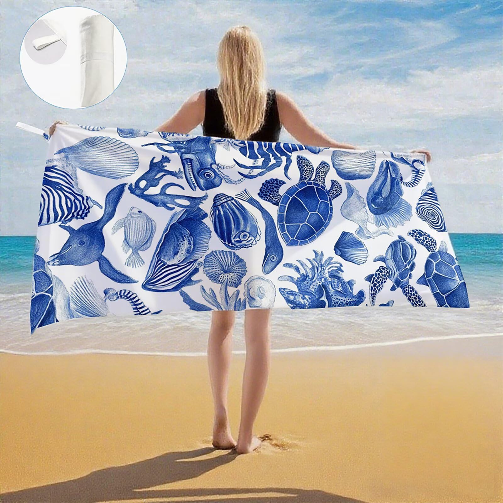 Serviette de Plage Microfibre Serviette Plage 80x180 2 Pack Séchage Rapide, Anti-Sable, Absorbante Fonction drap de plage xxl pour Bain Sport Voyages Sauna Piscine Yoga, avec Sac Tortues de mer Q-85