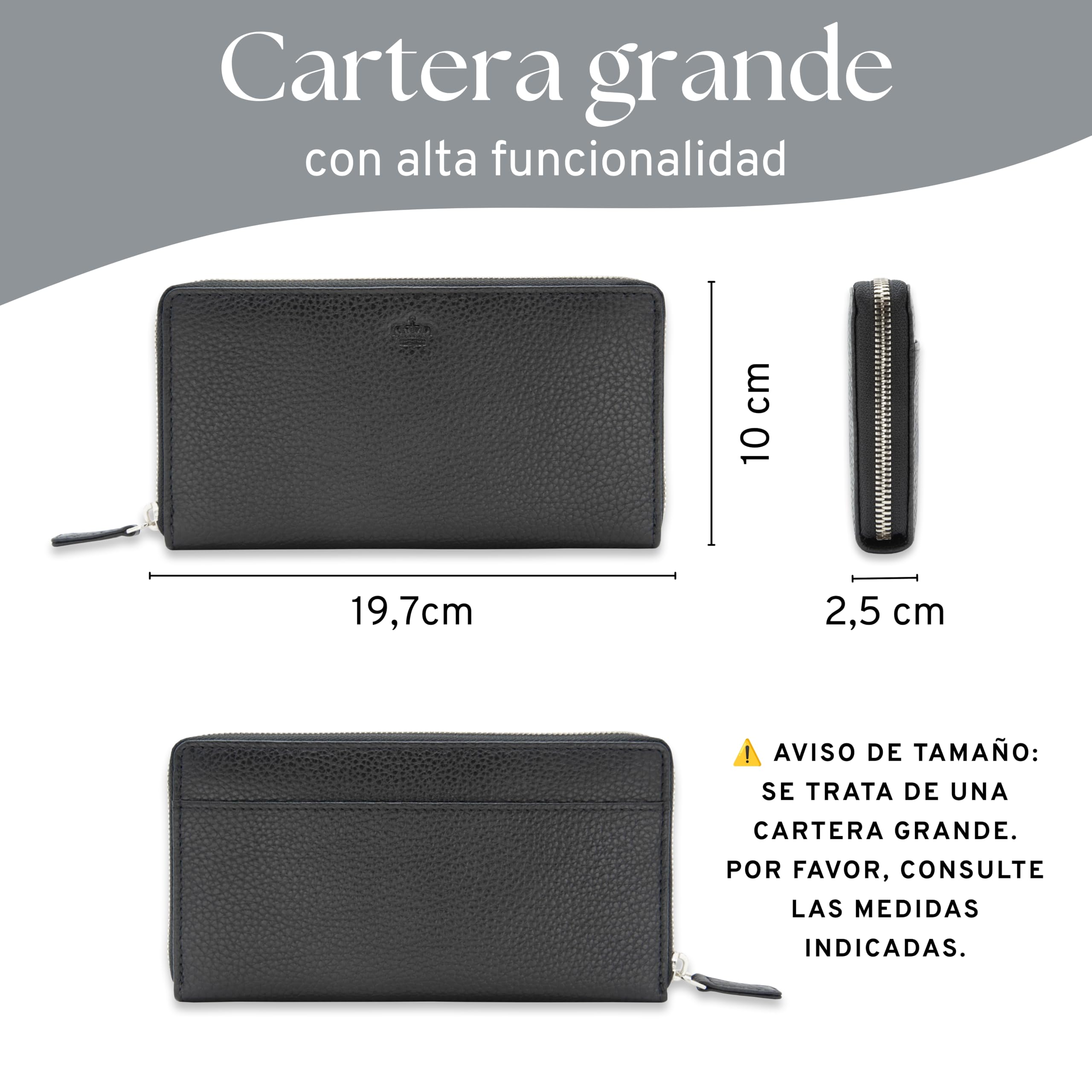 Baur - Cartera de piel auténtica para mujer | Cartera con protección RFID | Cartera grande con muchos compartimentos para tarjetas | Cremallera completa | Monedero para mujer, Negro , 19,7 x 10 x 2,5