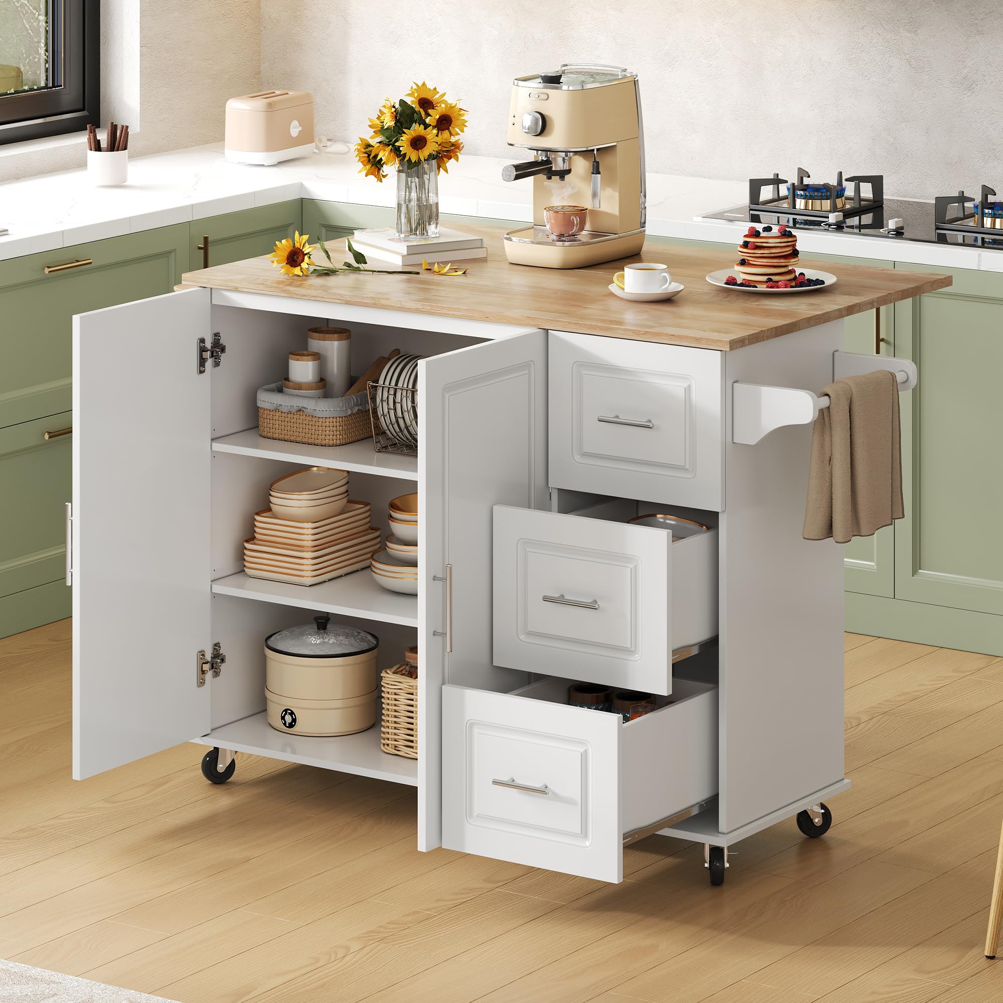 Merax Mobiler Küchentisch Kücheninsel auf Rädern mit klappbarer Eichenholz-Arbeitsplatte, Multifunktionaler Schrank, 5 Räder, für Küche, Esszimmer und Zuhause, 137 x 43(76) x 92 cm,Weiß