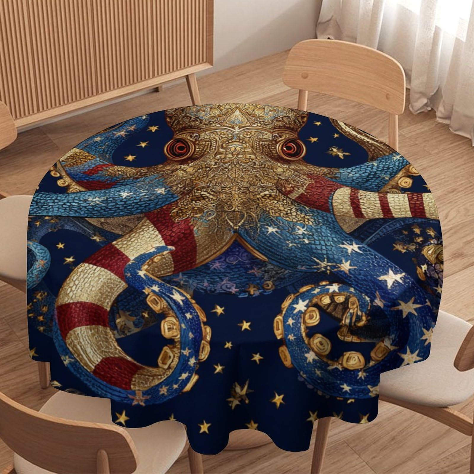 LUYYSKY Modern Abstract Ocean Octopus Waterproof Round Tablecloth Rustic Patriotic Animal Octopus American Flag Star Pattern Washable Table Cover for Kitchen-91.4" Wx91.4 L cm