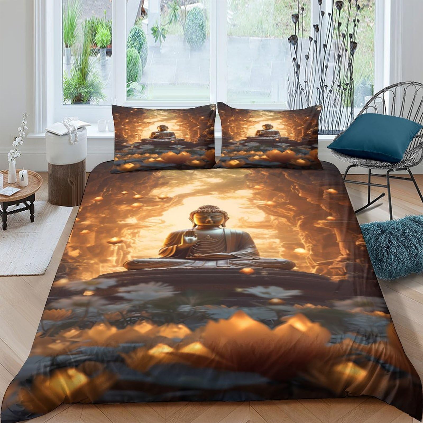 Ctjqhvkz Style-7 3D Printed Buddha Meditation Fitted Sheet Microfiber Soft Anti-Slip Gold Temple Bed Cover For Bedroom Home Decor Single（135X200cm）