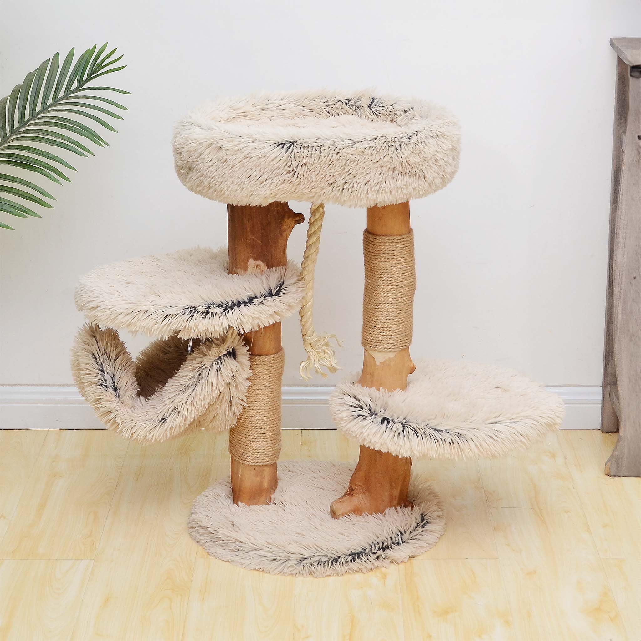 Fudajo Árbol rascador de diseño para Gatos 87,5cm con hamacas, Peluche y Troncos de Madera de peral