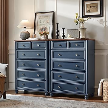 Farmhouse 6 Drawer Dresser Set of 2, Chest of Drawers for Bedroom, 43.5" Tall Blue Dresser with Roman Column, Rustic Wood Storage Dressers Organizer for Living Room, Hallway, Closet