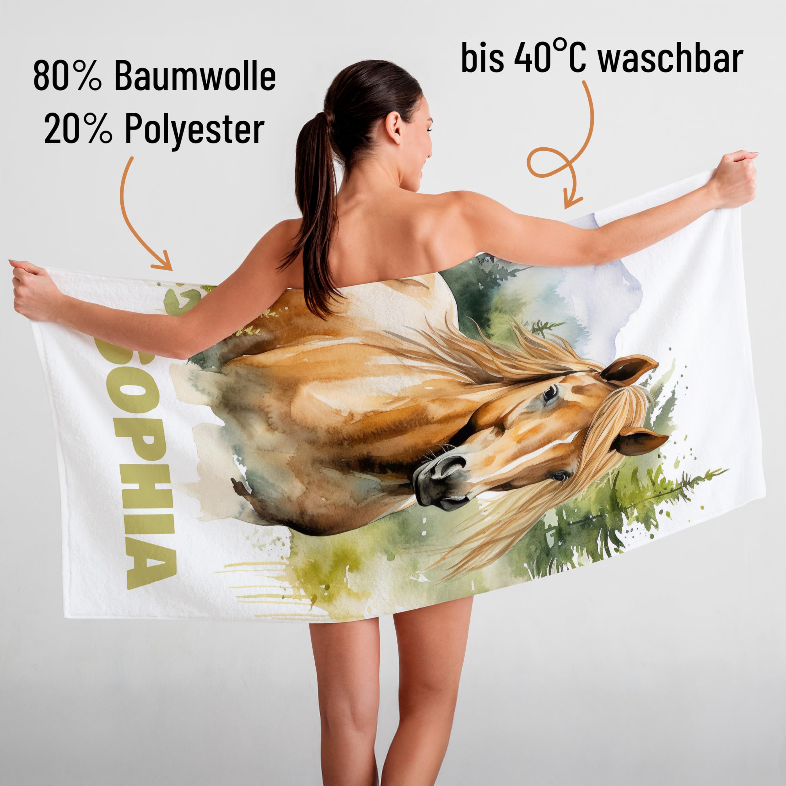 Handtuch mit Namen „Pferd Watercolor“ – Einzigartiges, bedrucktes Handtuch als persönliches Geschenk - Personalisierte Geschenke mit Pferd für Pferdeliebhaber (Pferd Watercolor, 70 x 140 cm)
