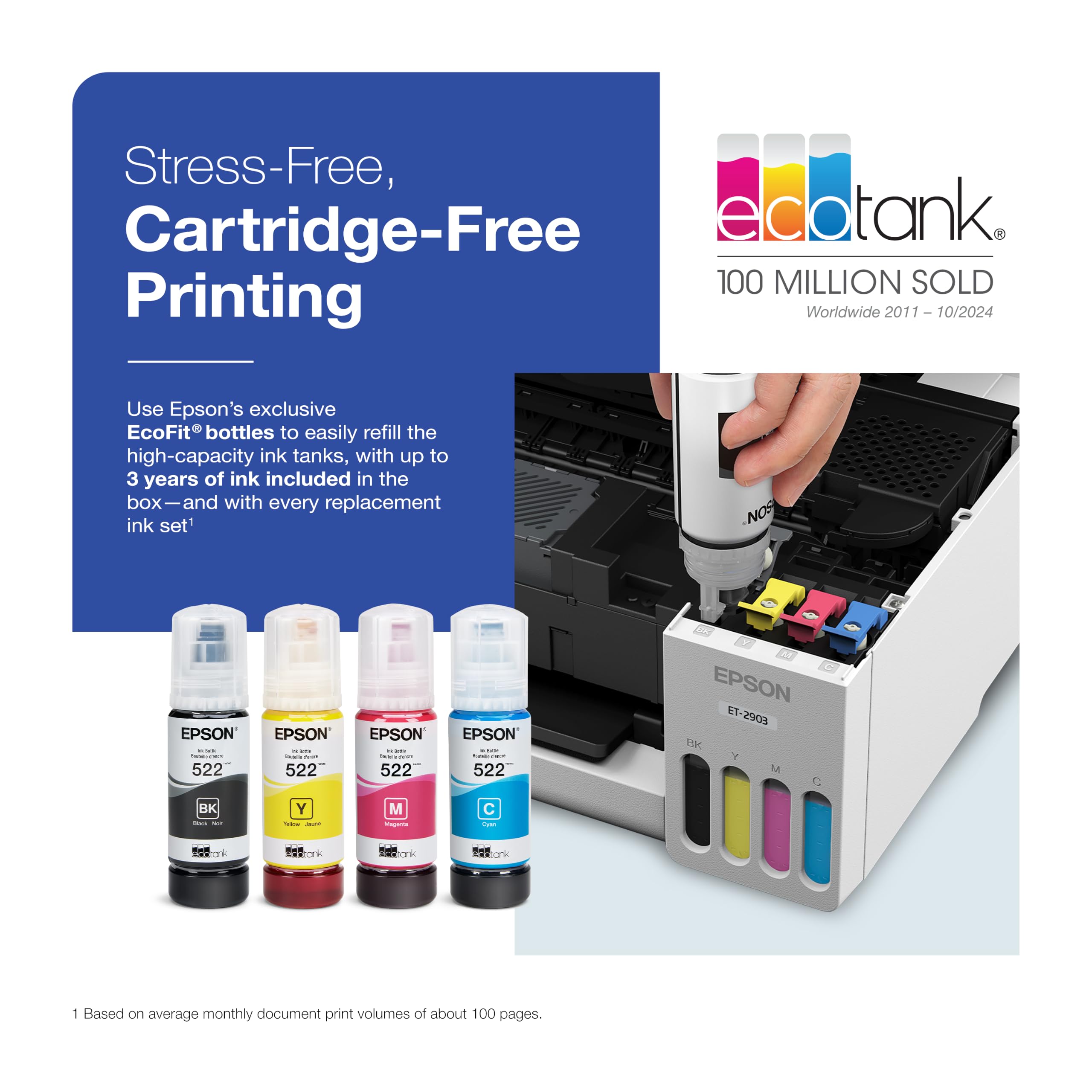 Epson EcoTank ET-2903 Imprimante Couleur Tout-en-Un sans Fil avec jusqu'à 3 Ans d'encre, réservoirs Rechargeables, Parfaite pour la Maison, 11 PPM, écran Couleur de 1,44", Scanner intégré - Blanc