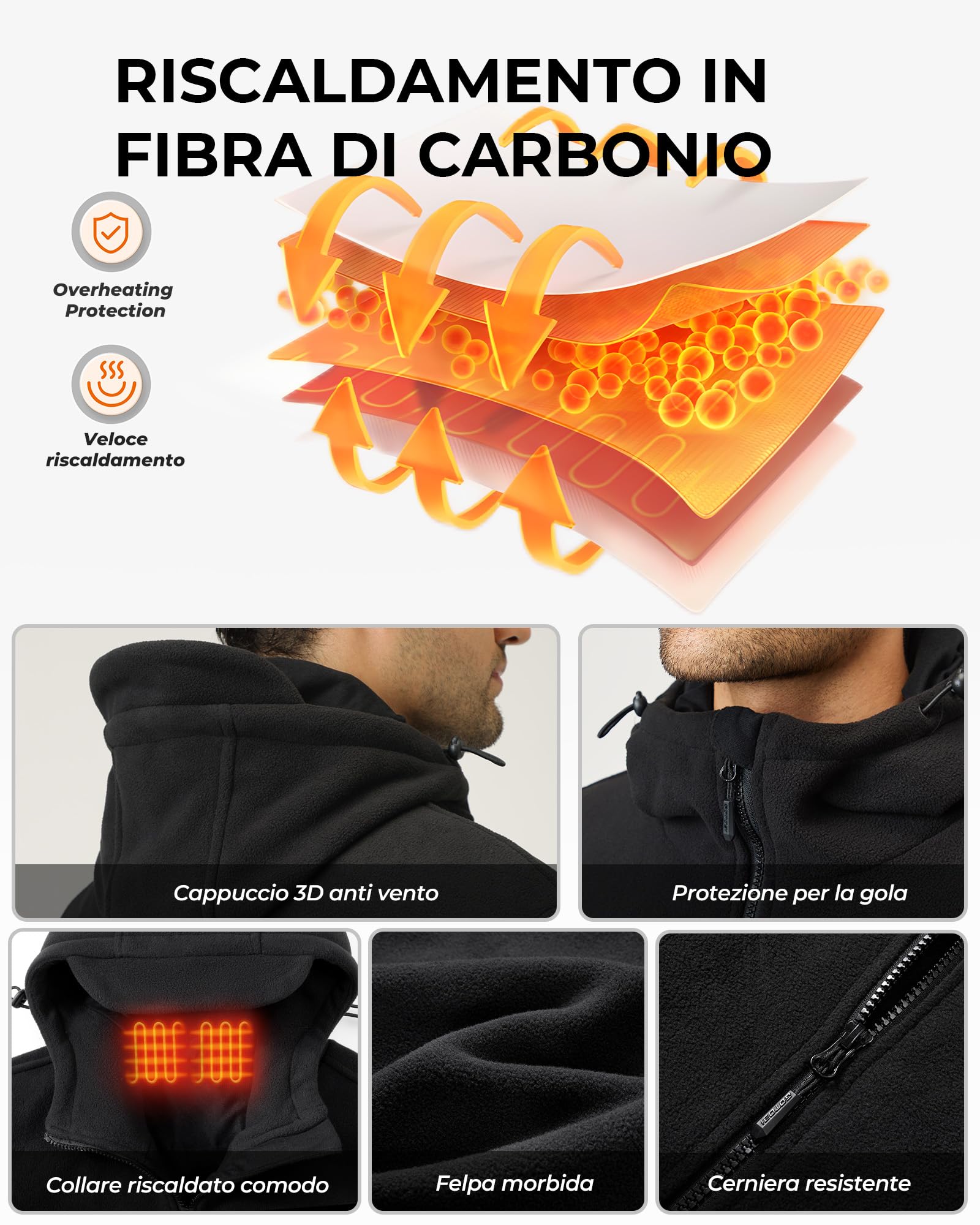 Pile Giacca Riscaldata Uomo Con Power Bank 12v 18400mah, 8 Zone Di Riscaldamento Giacca Riscaldamento Elettrico Con 3 Livelli Di Temperatura,Cappotto Invernale con Cappuccio,L