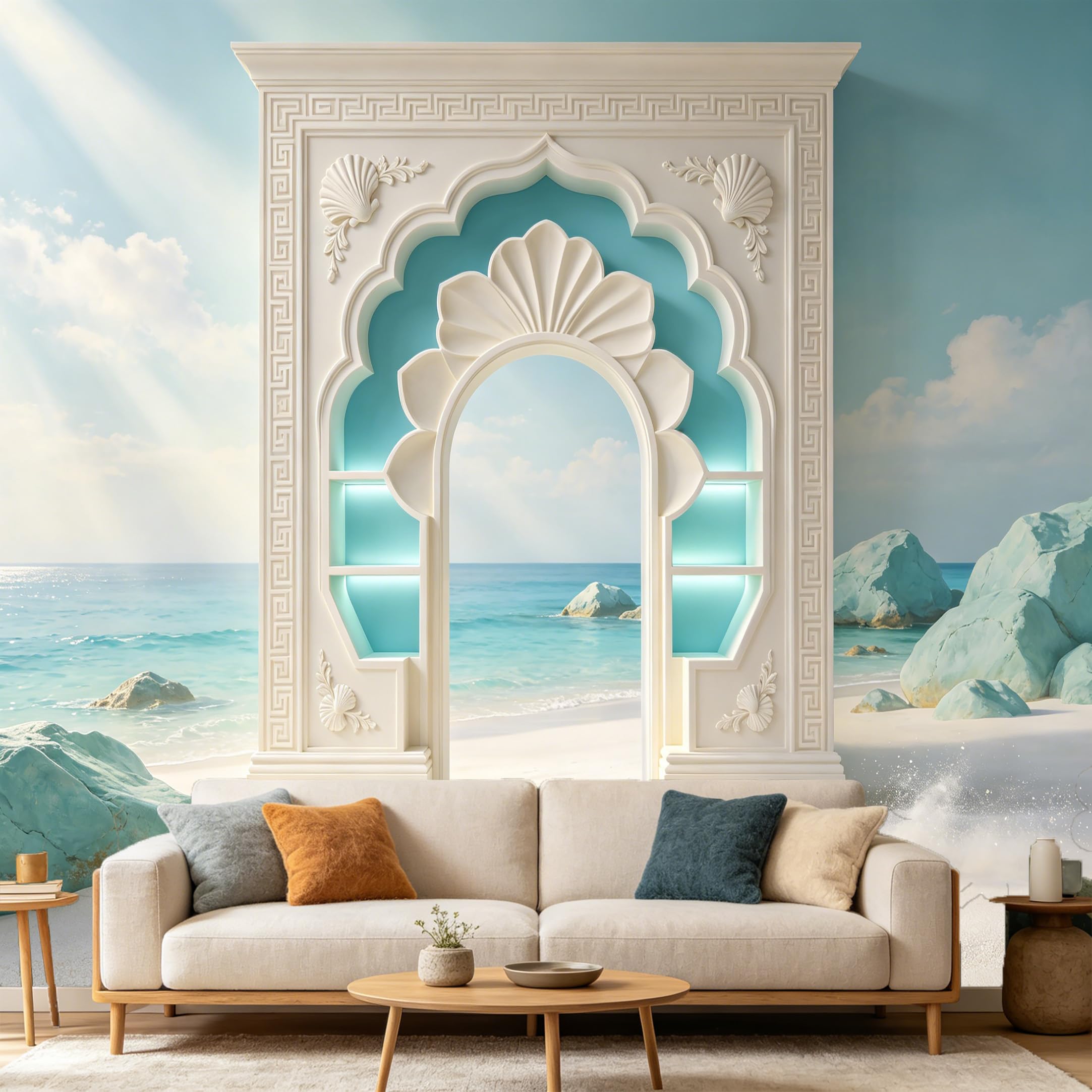 Custom Size Wall Mural， 3D Coastal Ocean Archway Mediterranean Landscape， SelfAdhesive Art Prints wall Fabric Removable Large Wallpaper Home Living Room Decor