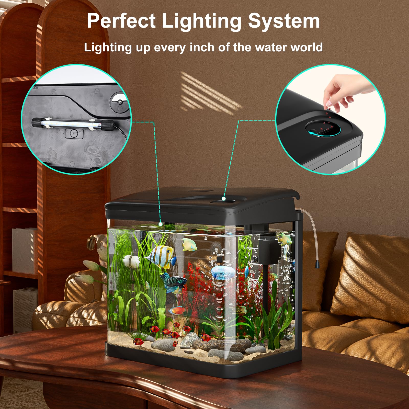 Acuario de Cristal, GuKKK Acuarios y Peceras Completas,Pecera con Sistema de Filtrado Integrado e Iluminación LED,Bajo Ruido y Silencioso,Acuarios de Iniciación, Negro (15L)
