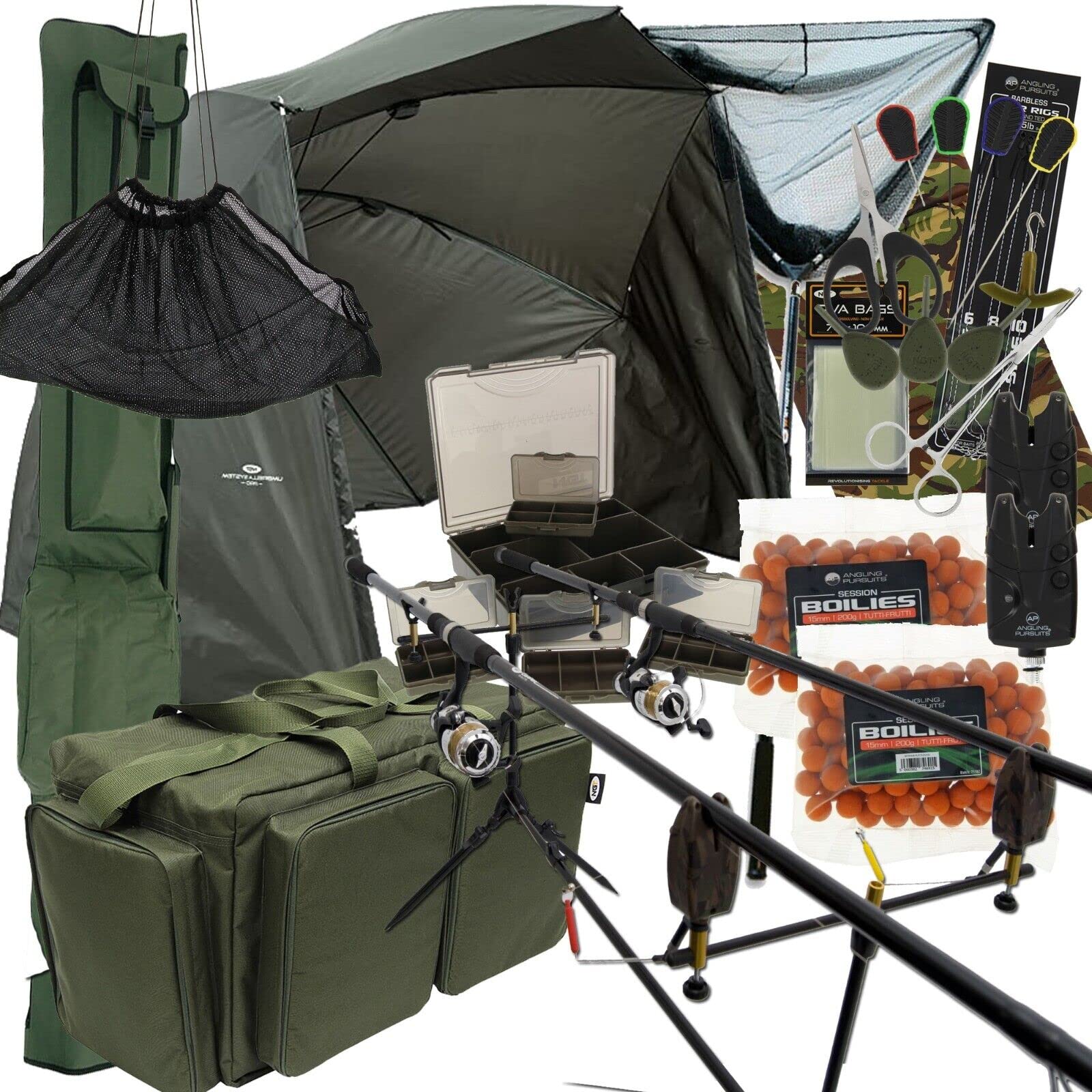 Kit complet de pêche à la carpe 3 pièces 3,7 m 2/3 cannes et moulinets avec détecteurs de touche et sac fourre-tout