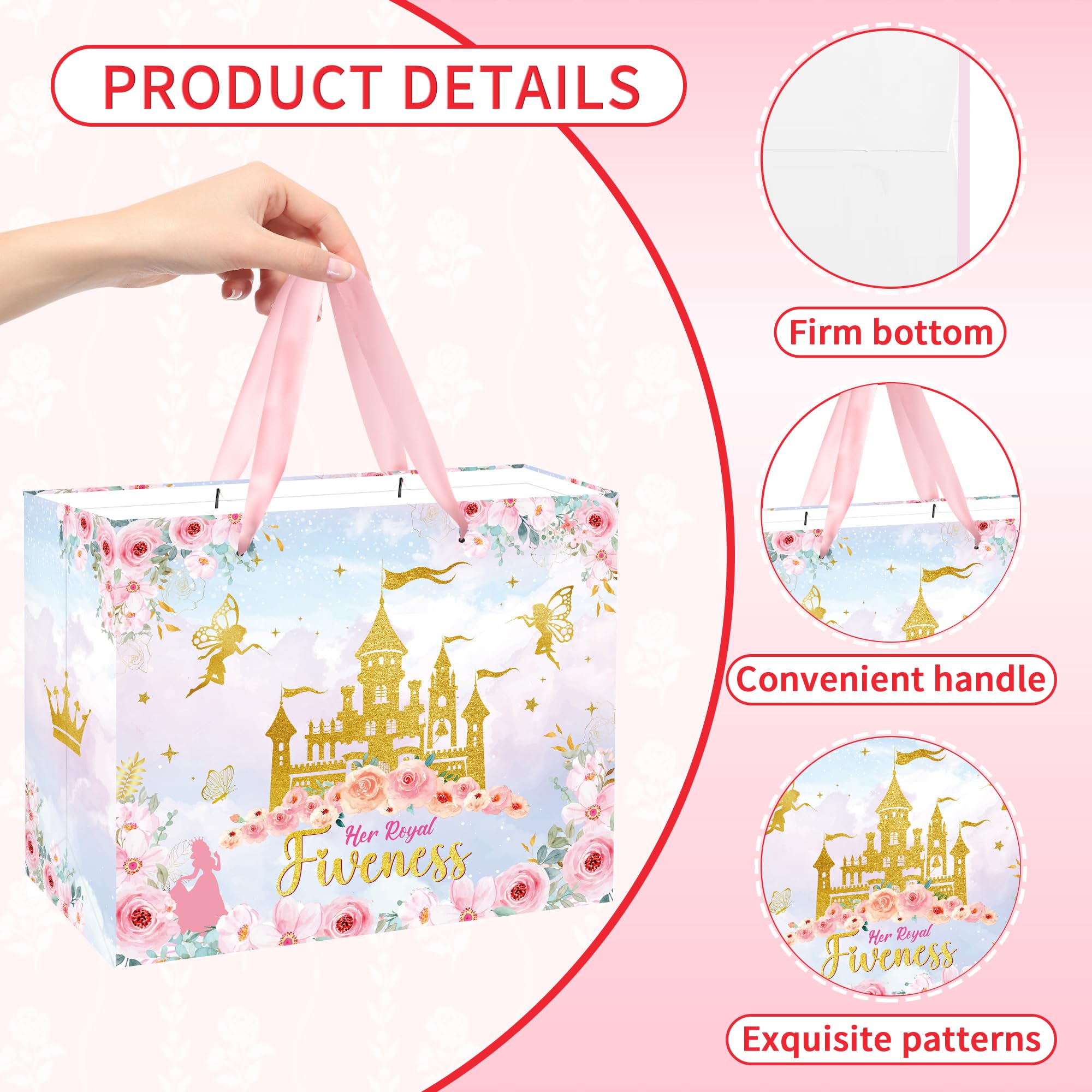 MOIZYNG Her Royal Fiveness Birthday Gift Bag, Pink Gold Castle Floral Princess 5th Birthday Gift Wrap Bags with Handles, Tissue Paper and Greeting Card for Girls 5 Year Old Party Favors Decorations
