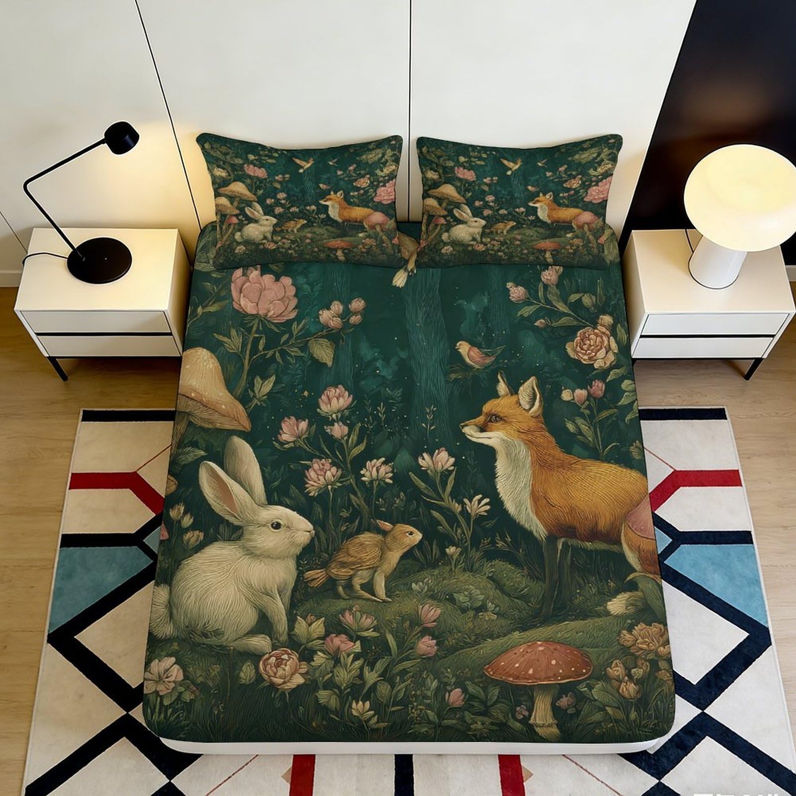 3D Printed Forest Animal Fitted Sheet Microfiber Soft Woodland Fox Rabbit Bed Cover for Bedroom Dorm Decor Protection 90x200x25cm