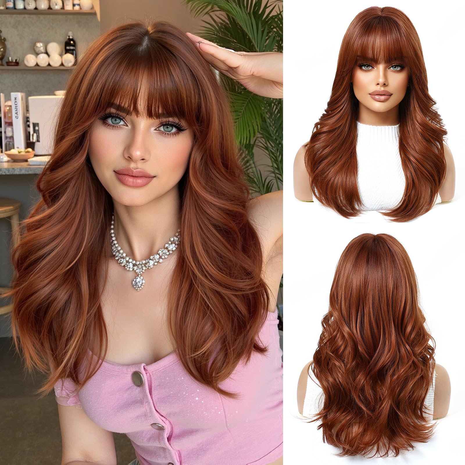 OUFEI Long Wavy Ombre Auburn Wigs for Women with Bangs Natural Synthetic Hair Heat Resistant Wigs for Daily Party Cosplay Wear