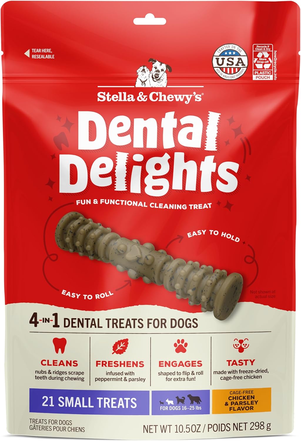 Stella & Chewy's Dental Delights - Freeze-Dried Raw Chicken Dental Treats for Small Dogs - Teeth Cleaning & Breath Freshening Chews with Ridges & Nubs - Made in USA - 10.5 oz - 21 Small Treats Chicken (Small Treat) 10.5 Ounce (Pack of 1)