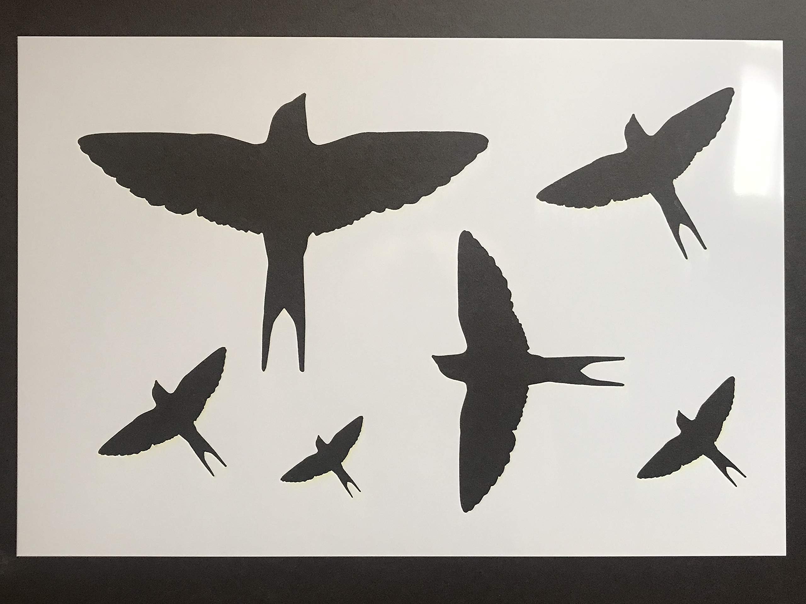 Flying Bird Stencils - Collection of 6 โ Sizes Range from 9 ยฝโ โ 2 3/8โ โ 10 mm Clear Plastic Sheeting โ for Use As Wall Stencil or for Paper Cut-Outs