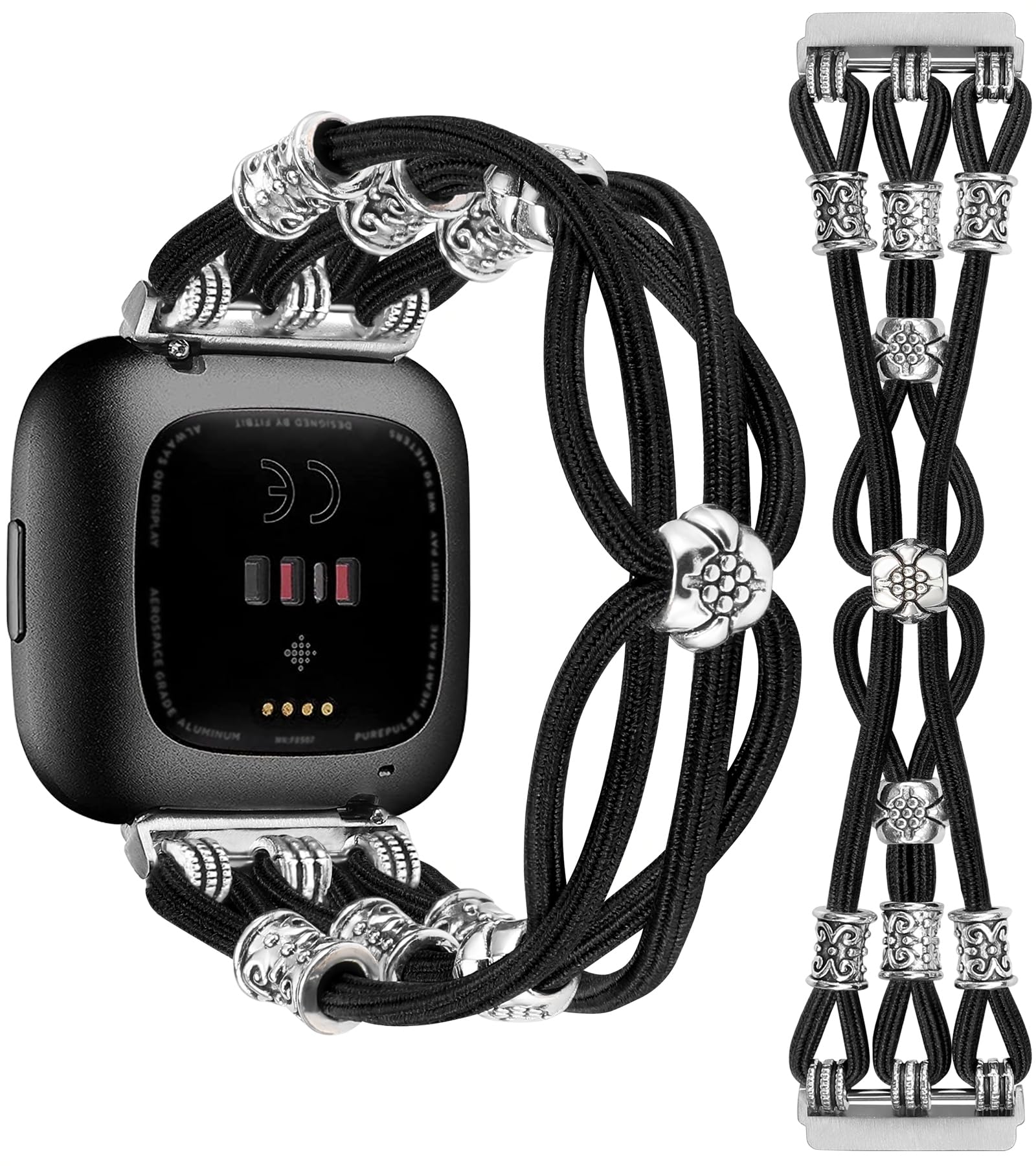 TOYOUTHSBeaded Bracelet Band Compatible with Fitbit Versa 2/Fitbit Versa Bands Women, Boho Soft Elastic Stretchy Nylon Braided Strap Fancy Charms Designer Breathable Sport Wristband