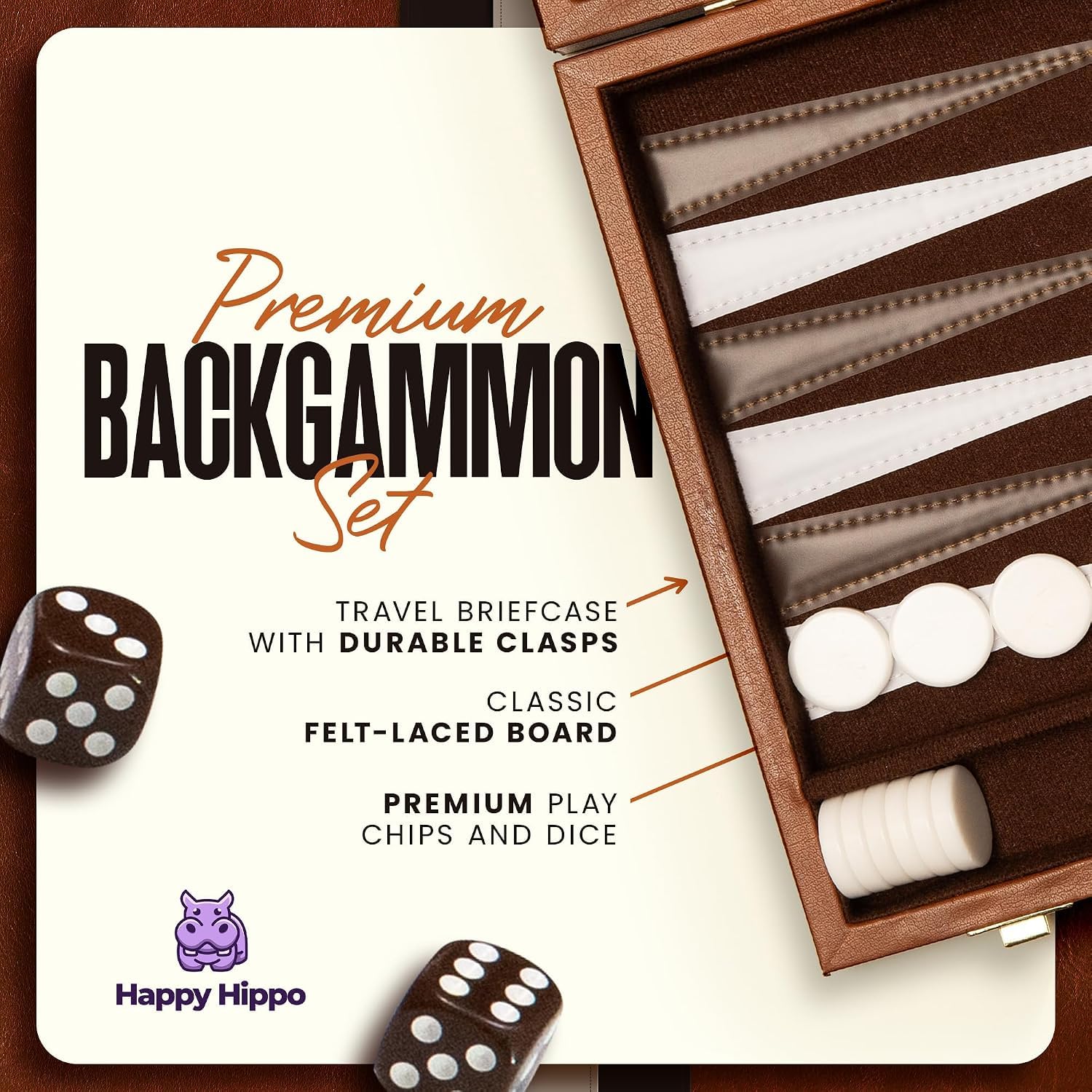 Jeu de société Backgammon - Étui en cuir de luxe - Intérieur en feutre - Marron - Jeu de société populaire - Taille XL (53,3 cm)