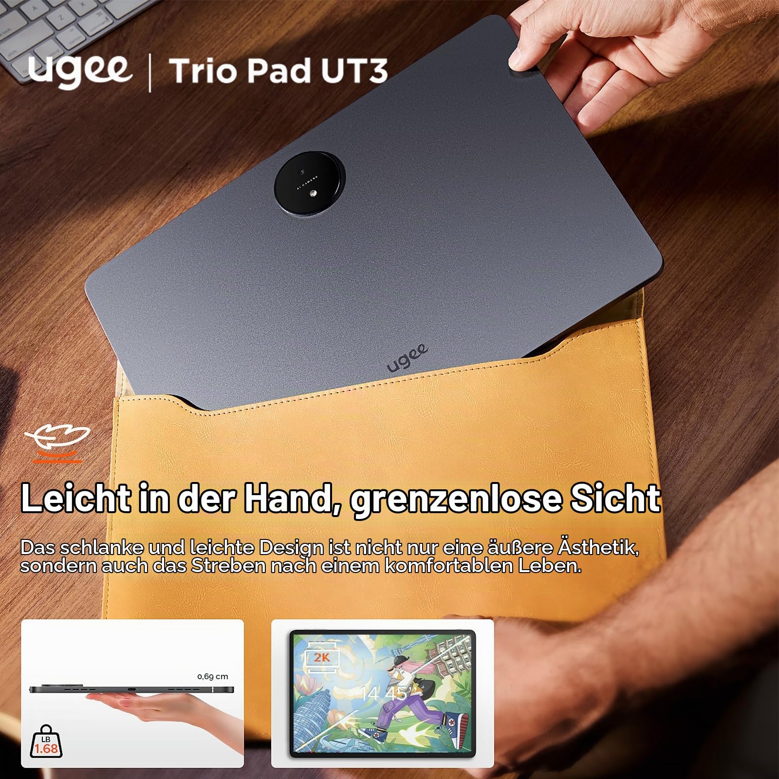 Ugee UT3 Android 14 Pad 8GB+256GB 14,25'' Standalone-Zeichentablett ohne Computer benötigt, 2,4K Ultra HD großer Bildschirm mit vollständig laminiertem Display, Zeichenständer mit 10000mAh+27W-Akku