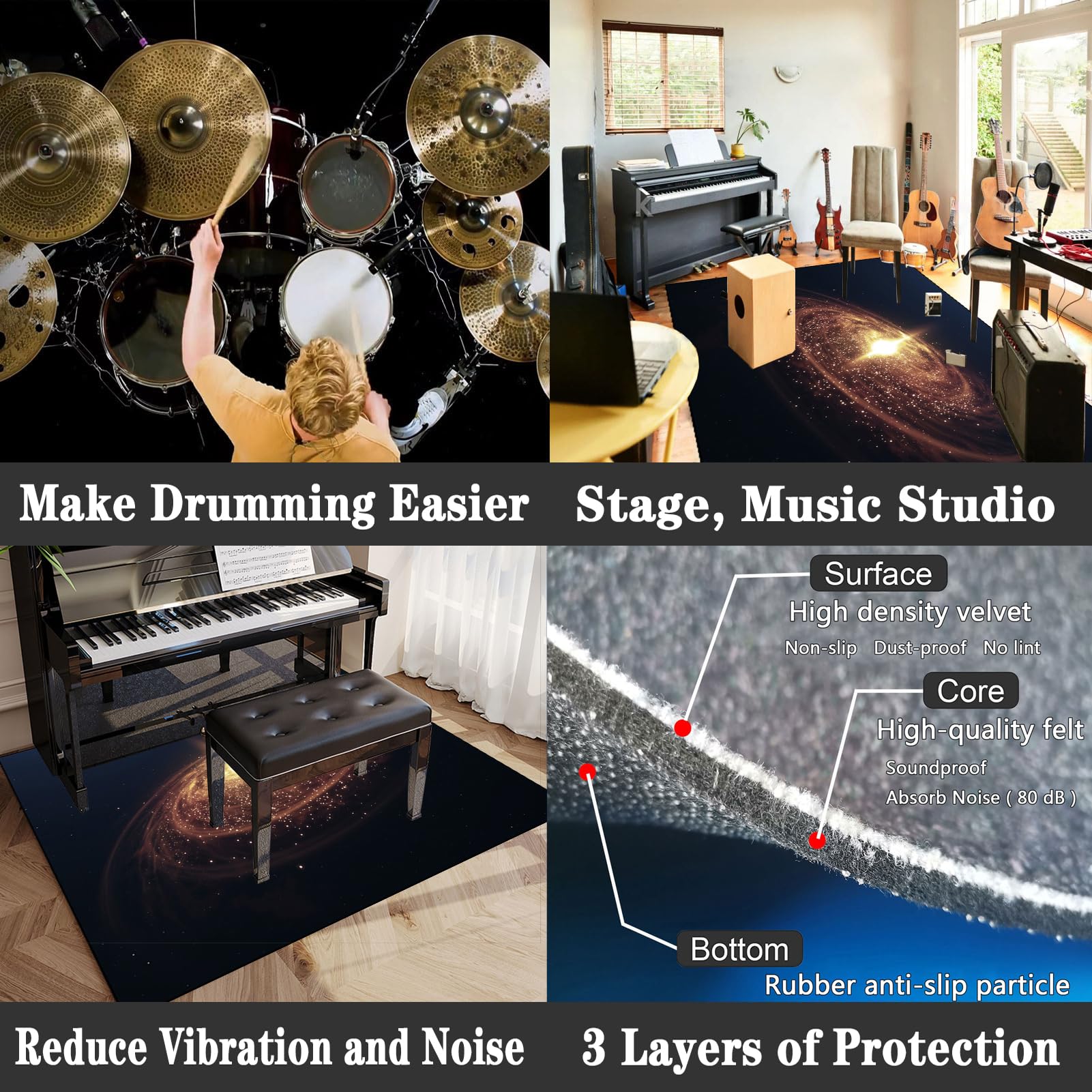 Tappetino antiscivolo per batteria, coperta insonorizzata per kit di batterie acustiche ed elettroniche, tappeto di assorbimento acustico professionale per musicisti, grande, 230 x 180 cm