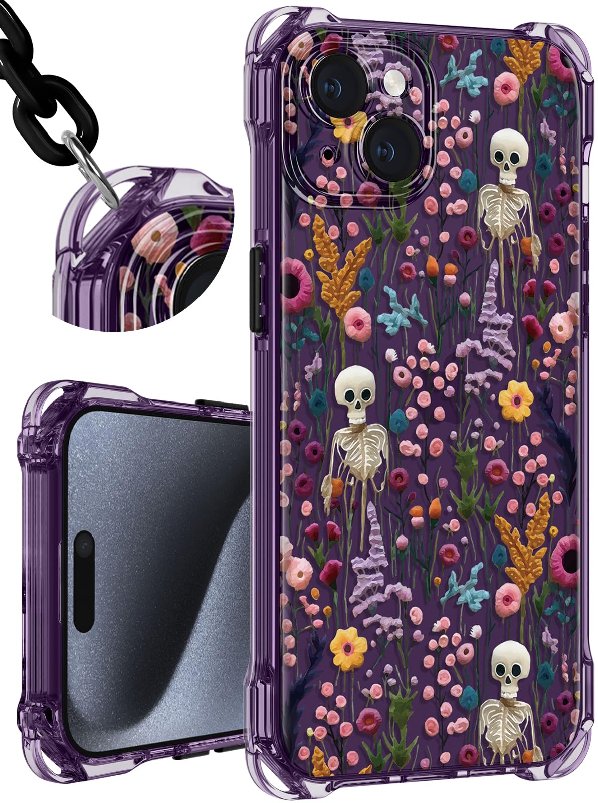 Toycamp for iPhone 15 Plus Case with Strap for Women - Cute Funny Girls Girly Skull Flower Pattern Design for iPhone 15Plus Case with Wrist Lanyards