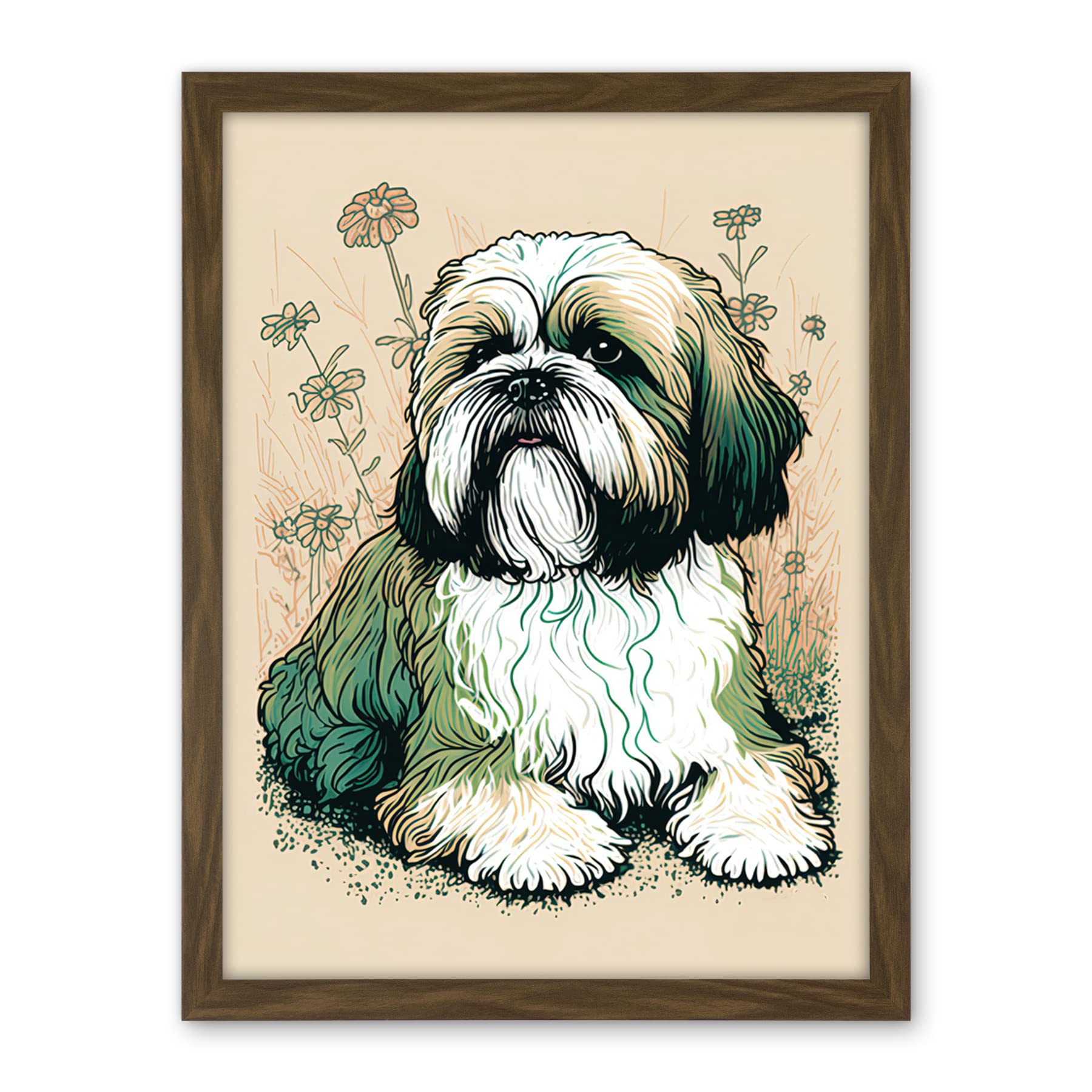Artery8 Shih Tzu Dog with Daisies Modern Multicoloured Linocut Illustration Artwork Framed Wall Art Print 18X24 Inch