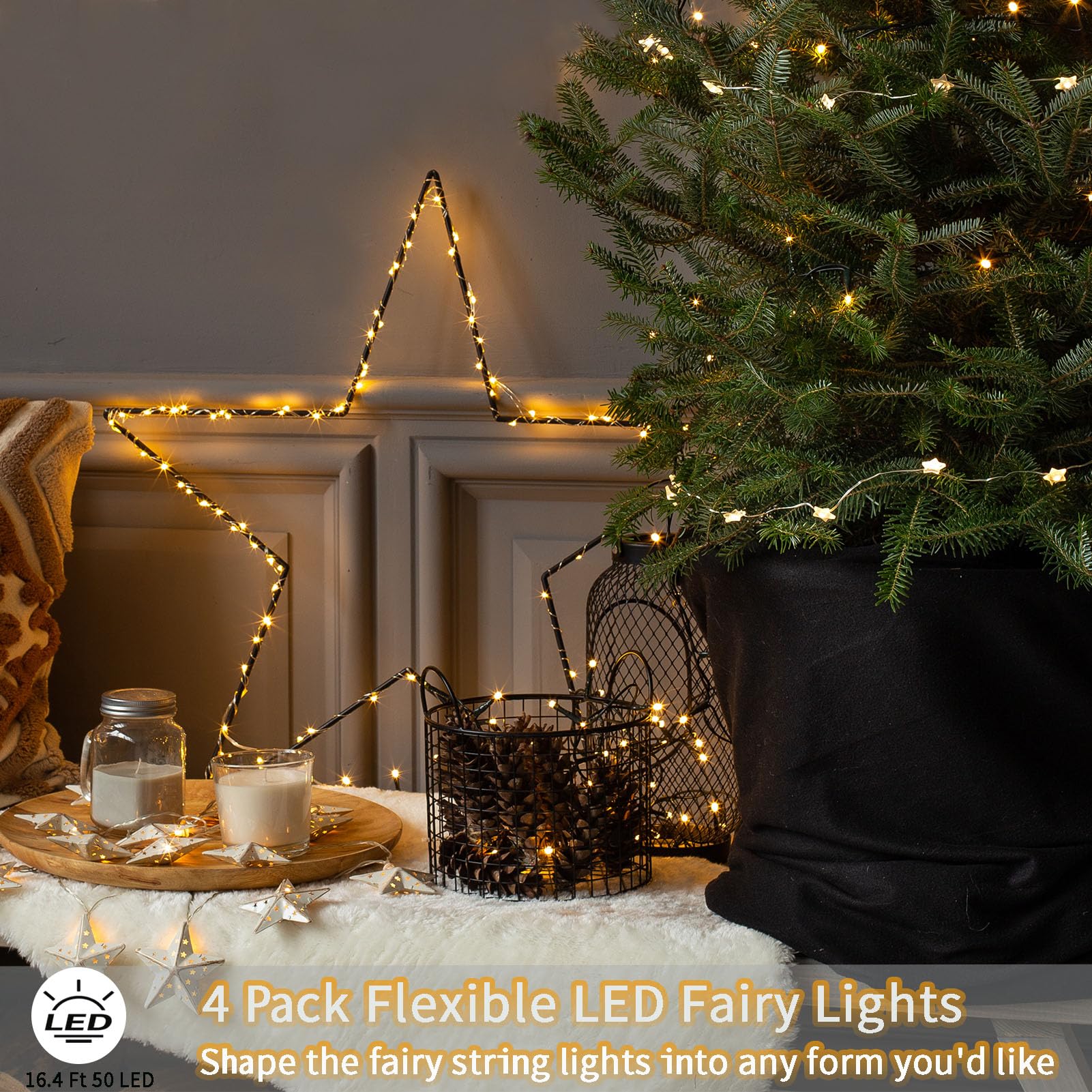 4 Pack Fairy Lights Battery Operated, 16.4 Ft 50 LED Starry Fairy Lights with Auto Timer Dark Green Copper Wire Twinkle Lights for Wedding Bedroom Christmas Decor (Warm White)