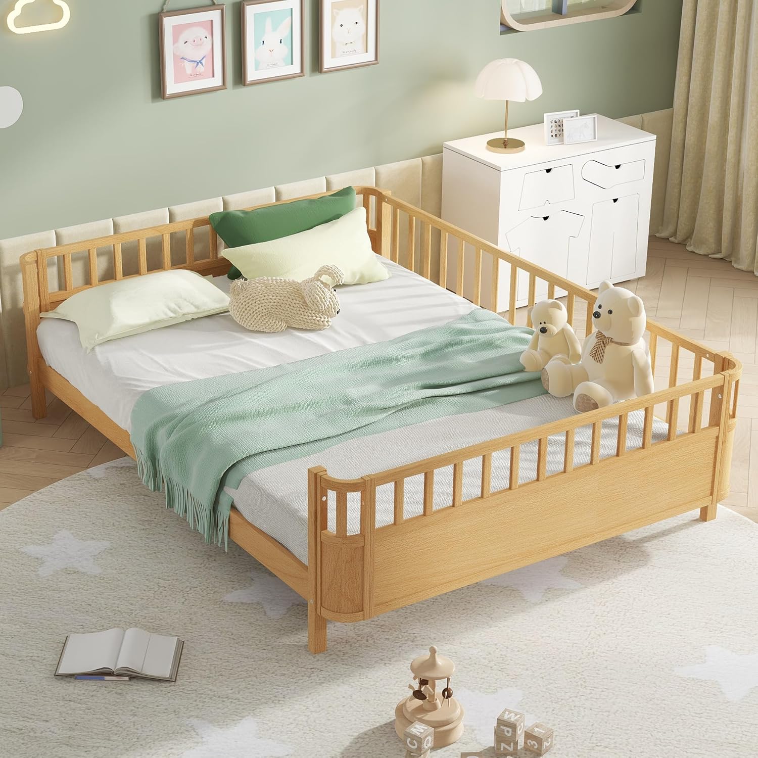 Queen Size Montessori Floor Bed Frame with Detachable Fence, High Rails, Wooden Platform Bed with Safety Guardrails, Headboard, for Kids Adults, No Noise, Natural