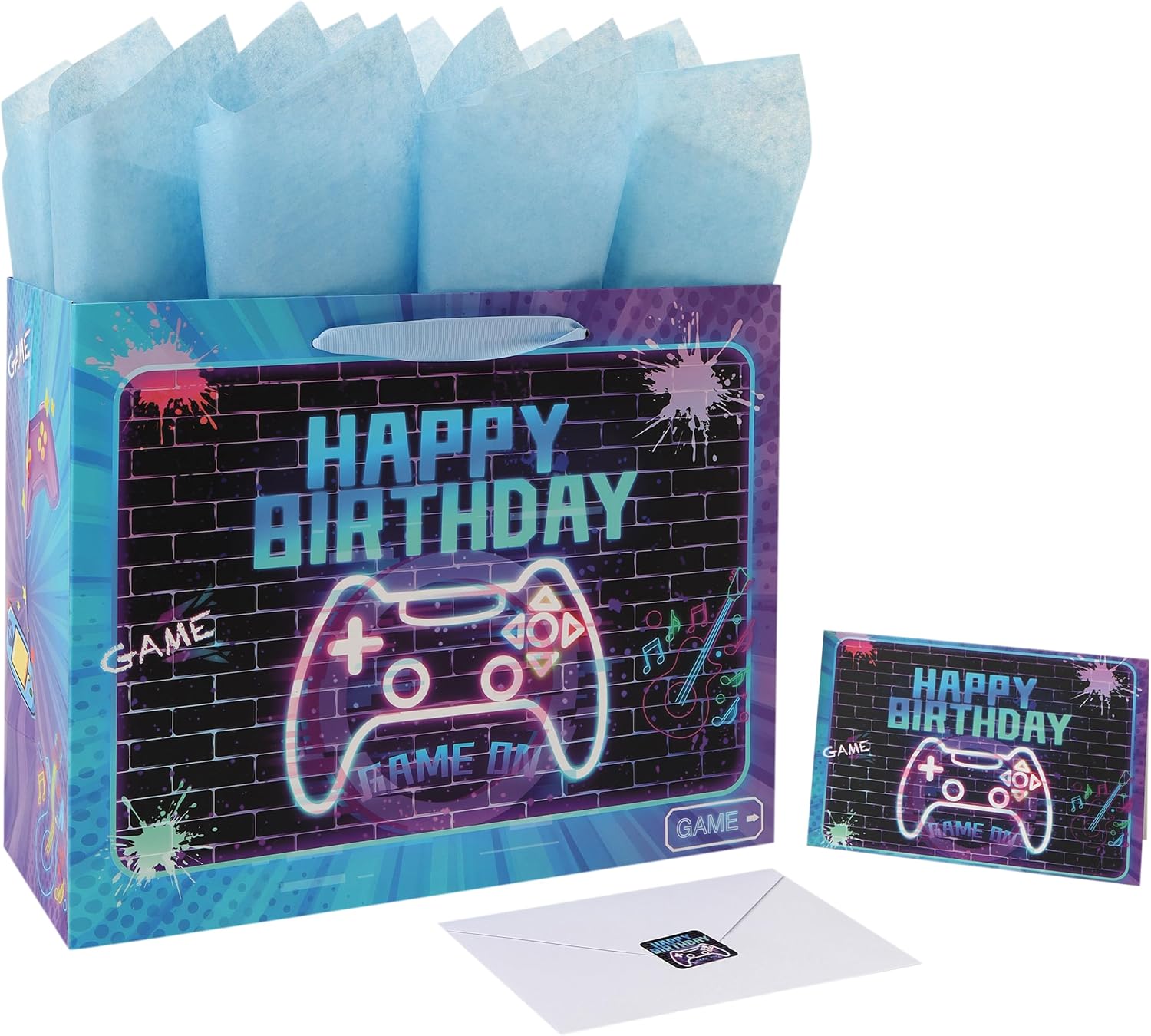 wishinside 13” Large Gamer-themed Birthday Gift Bag Set with Handles, Greeting Card, Tissue Papers and Stickers for Boys Girls Kids Teens Men Women, Game Design, 1 Pcs