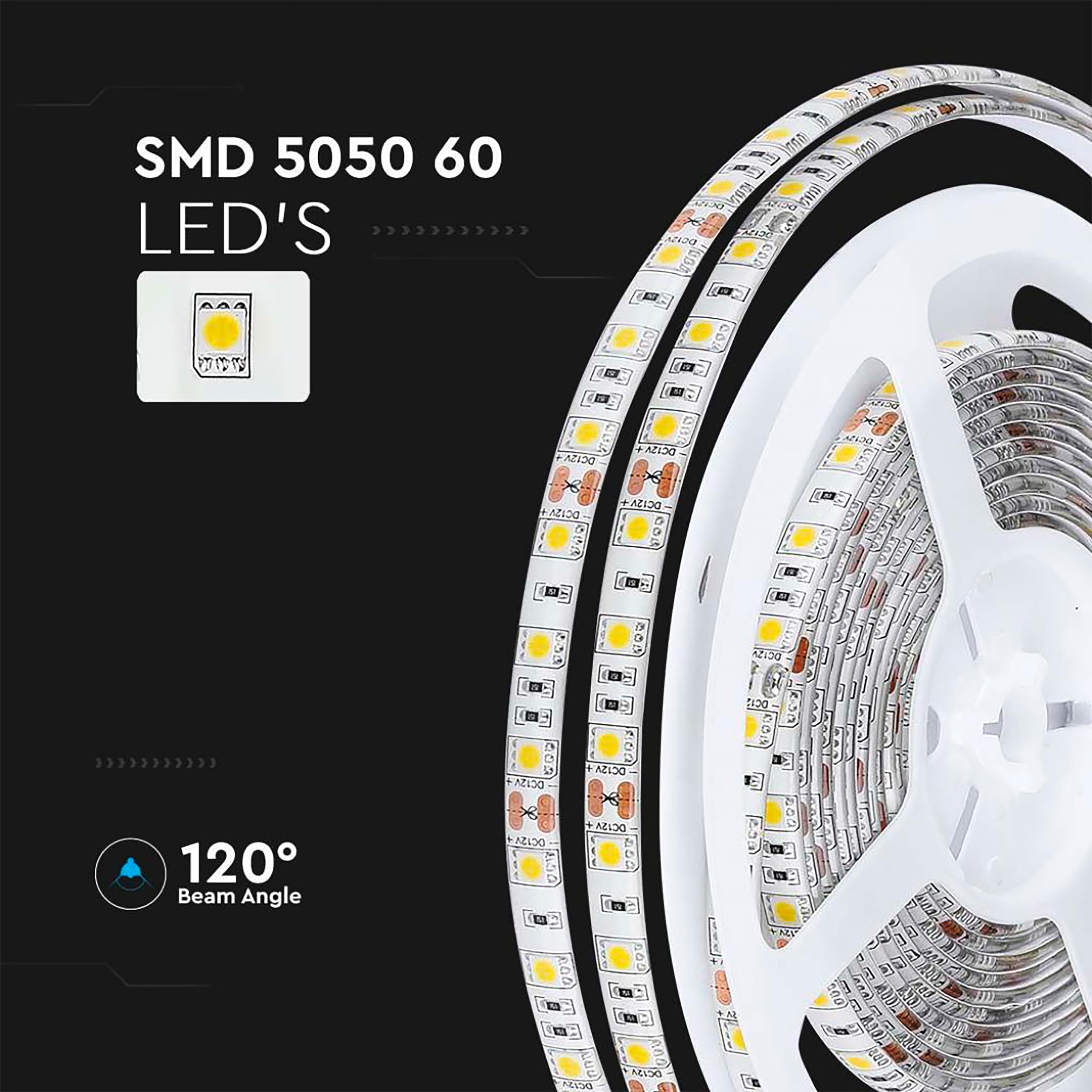 V-TAC Ruban LED Extérieur Étanche IP65-5 Mètres - SMD 5050 - Bande à LED Lumineuse 6500K Blanc Froid - Ruban LED d'Extérieur avec Bande Adhésive et Flexible pour Jardin, Terrasse, Maison - 12V